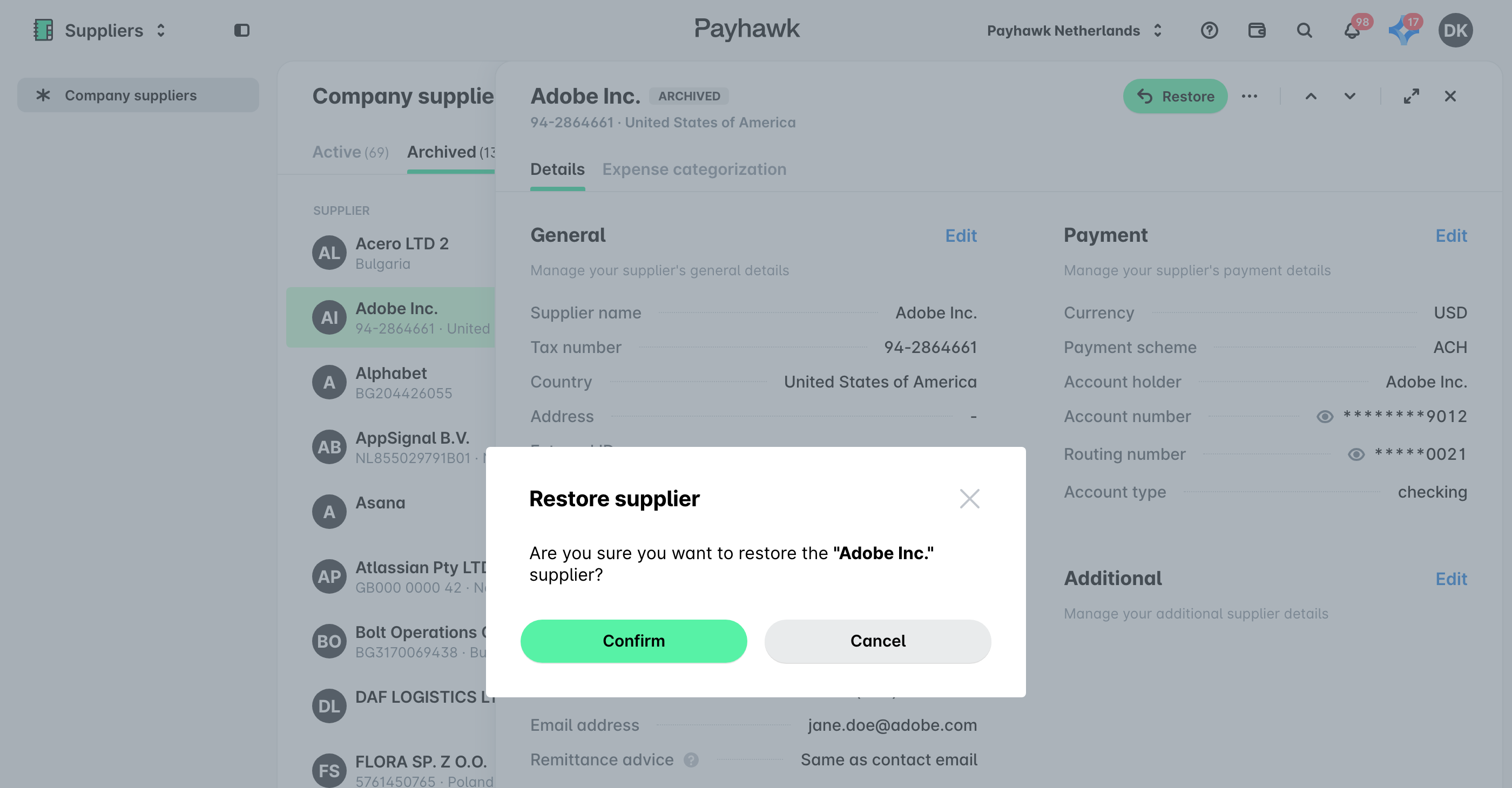 The Archived tab in Company suppliers with an archived supplier open, its Restore button at the top, and the Restore supplier dialog asking to confirm with Confirm and Cancel buttons.