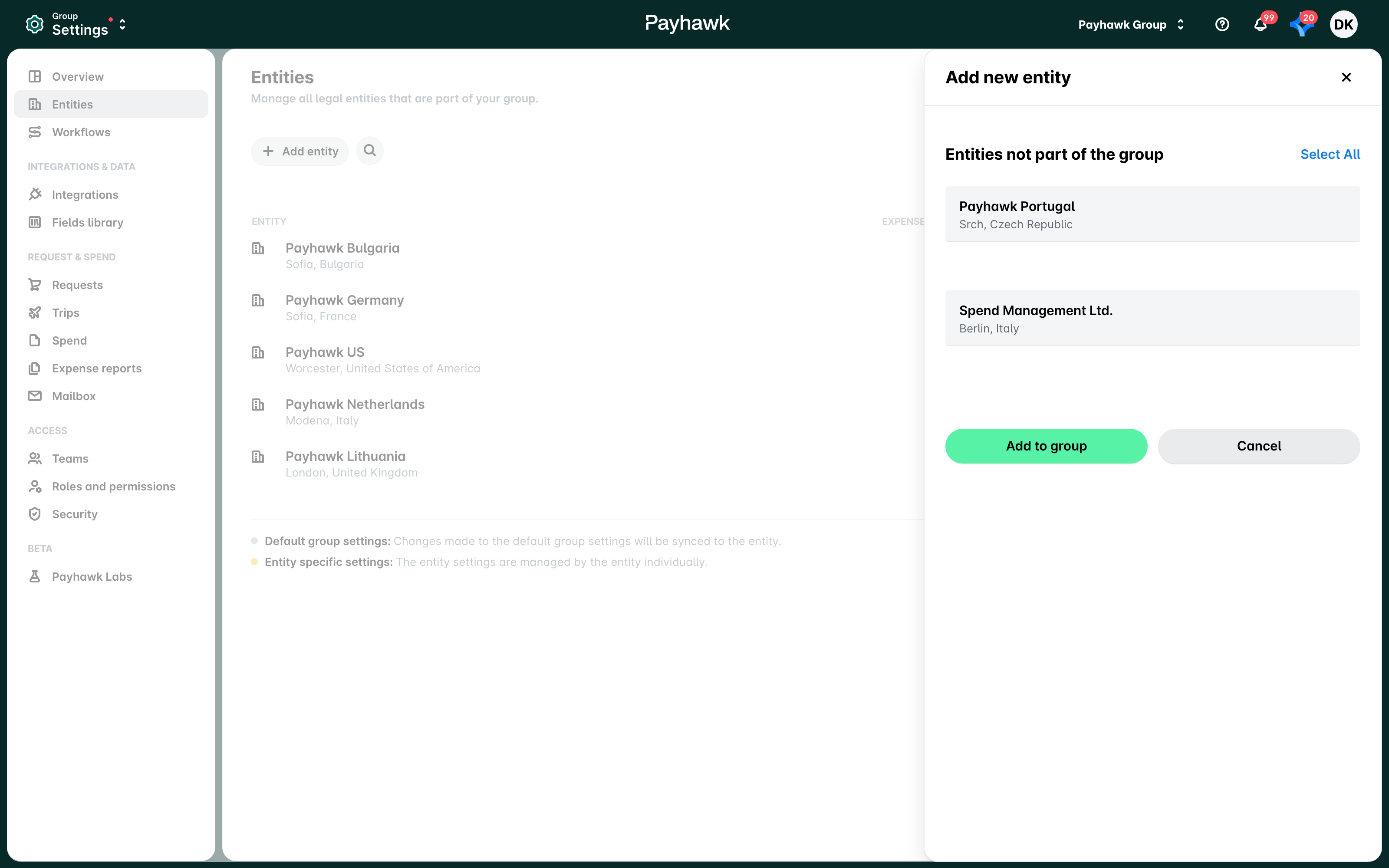 Group Settings, Entities page with the Add new entity panel listing entities not part of the group.