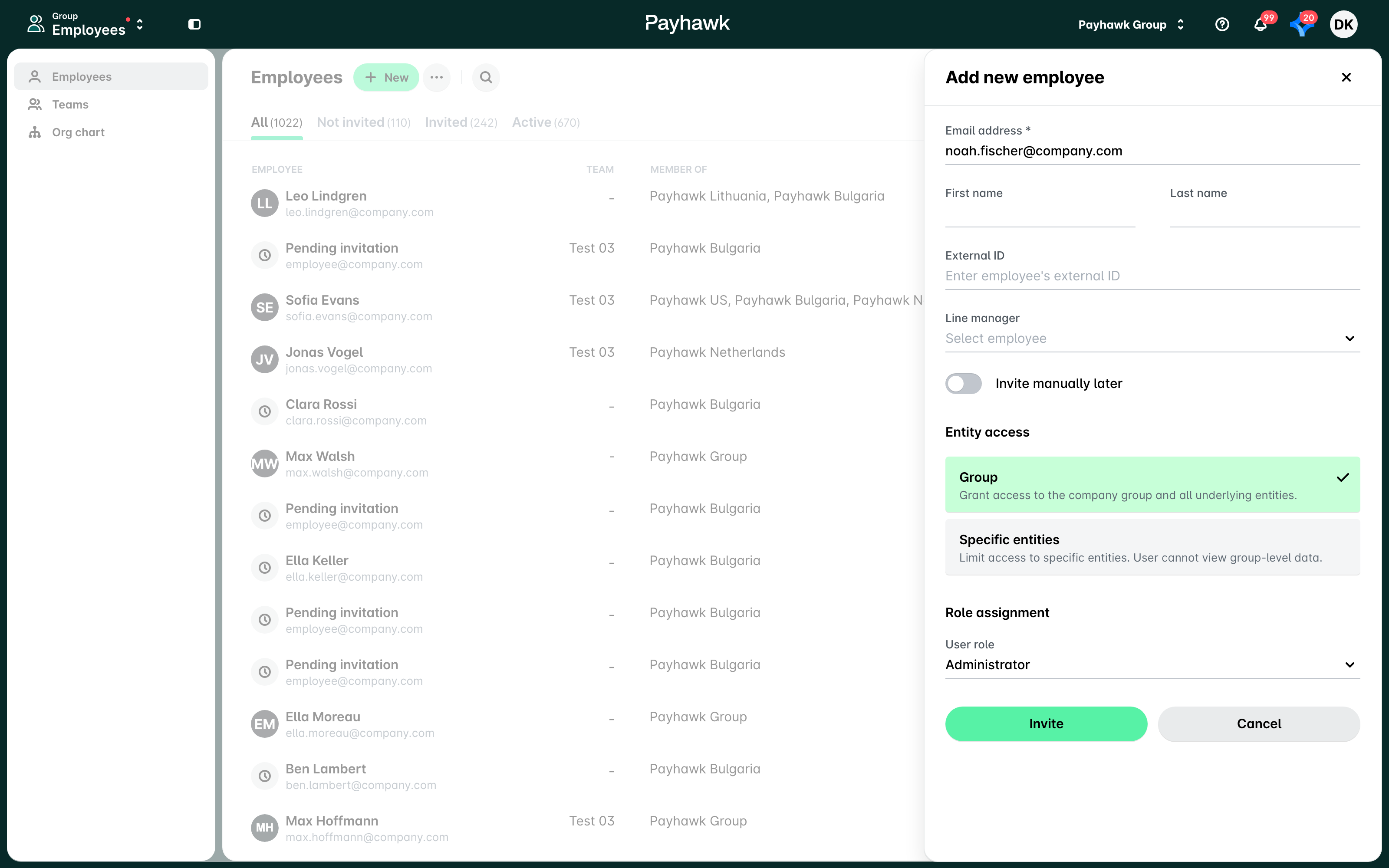 The Add new employee panel at group level with an email address, Group entity access and the Administrator role.