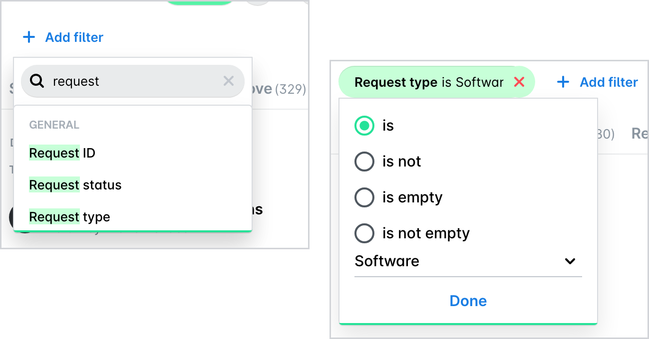 La búsqueda de filtros para los campos de solicitud y el filtro Tipo de solicitud es Software.