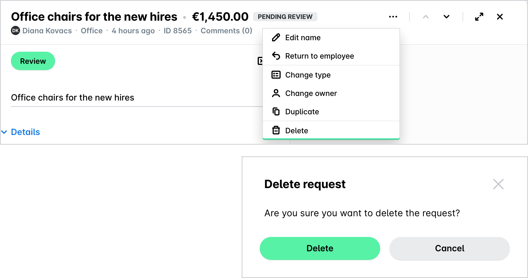 El menú de tres puntos de una solicitud pendiente de revisión con Eliminar al final, y el cuadro de diálogo Eliminar solicitud con Eliminar y Cancelar.