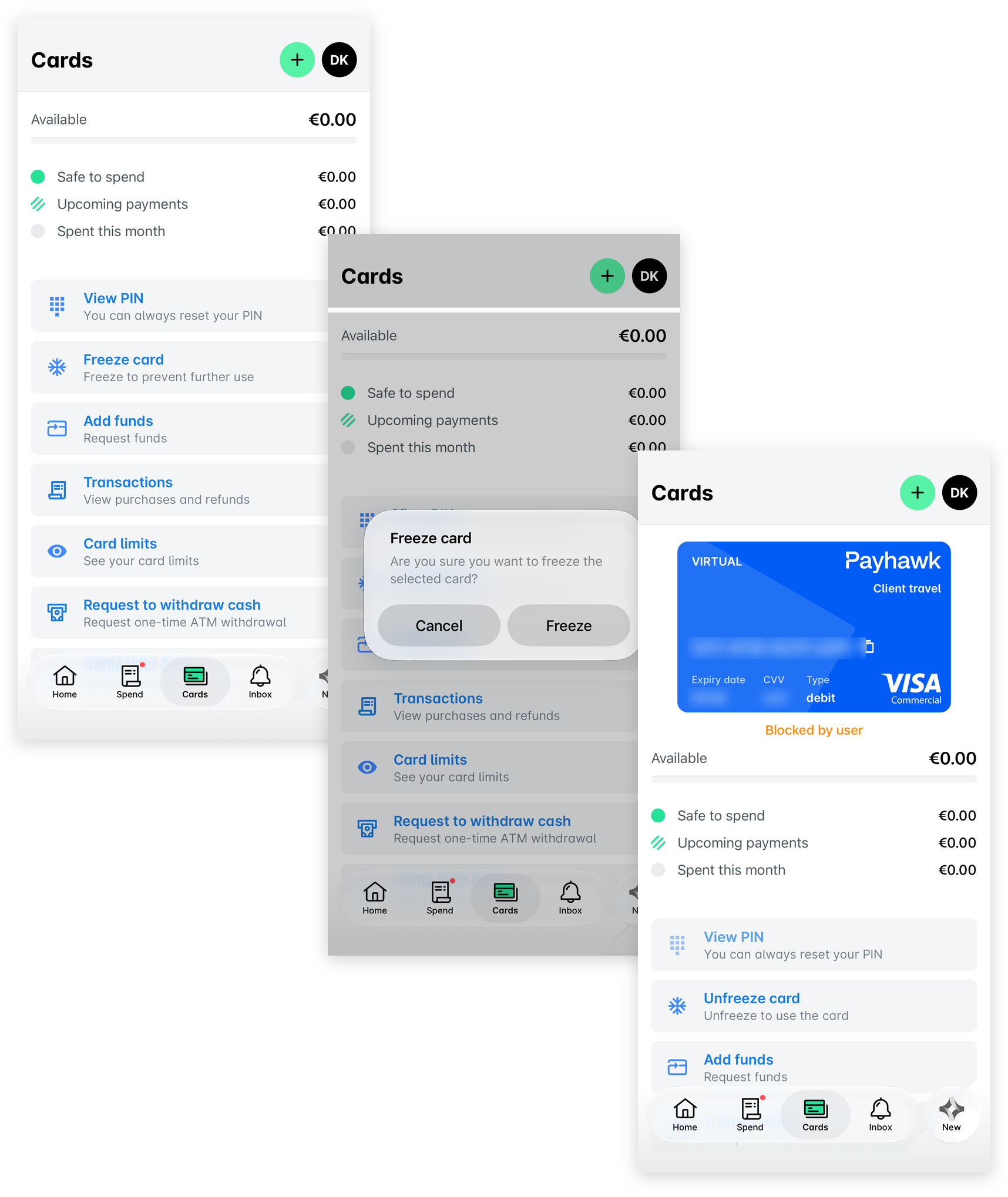 The Cards screen in the mobile app with the Freeze card option, the Freeze card confirmation dialog, and the card with the Blocked by user status.