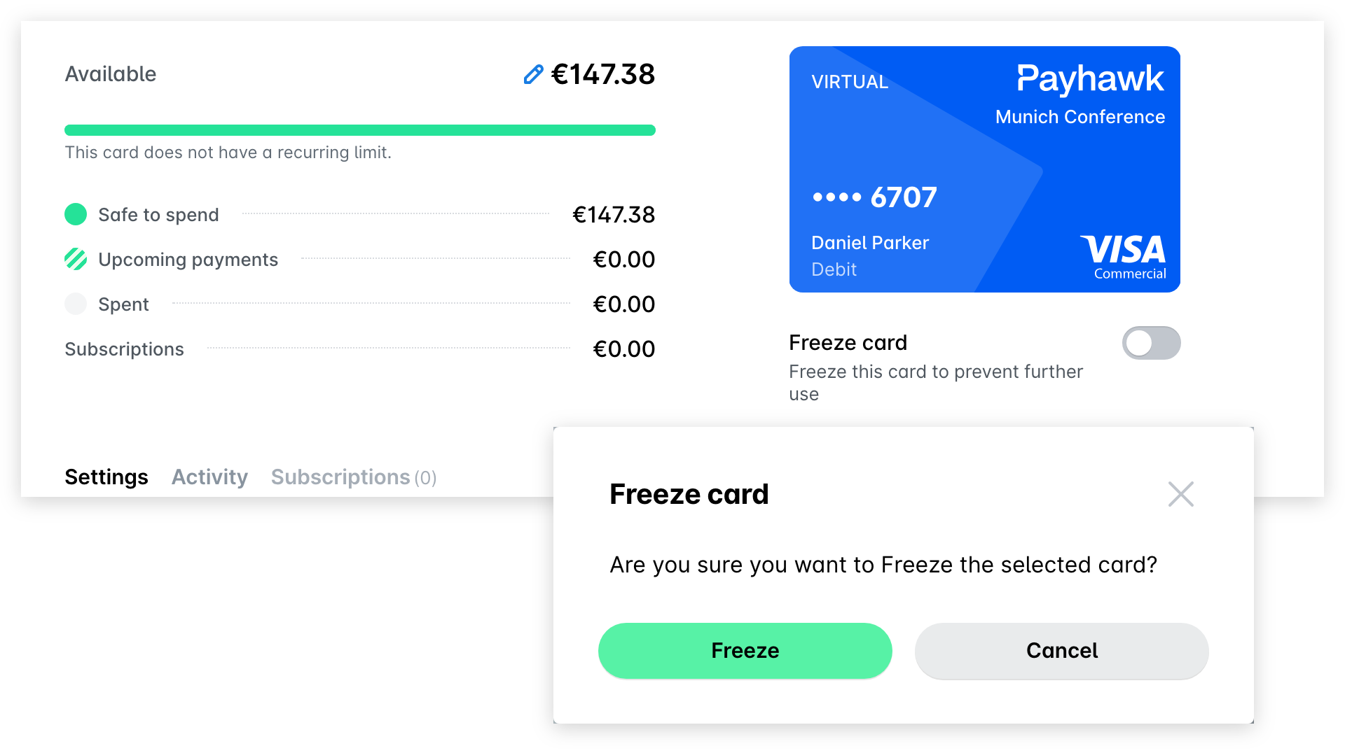 Card side panel in the Cards app with the Freeze card toggle, and the Freeze card confirmation dialog with the Freeze and Cancel buttons.