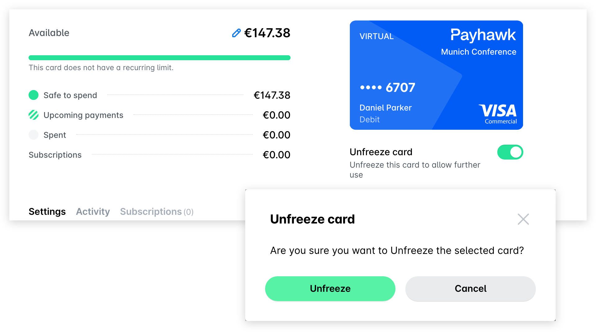 Frozen card side panel with the Unfreeze card toggle switched on, and the Unfreeze card confirmation dialog with the Unfreeze and Cancel buttons.
