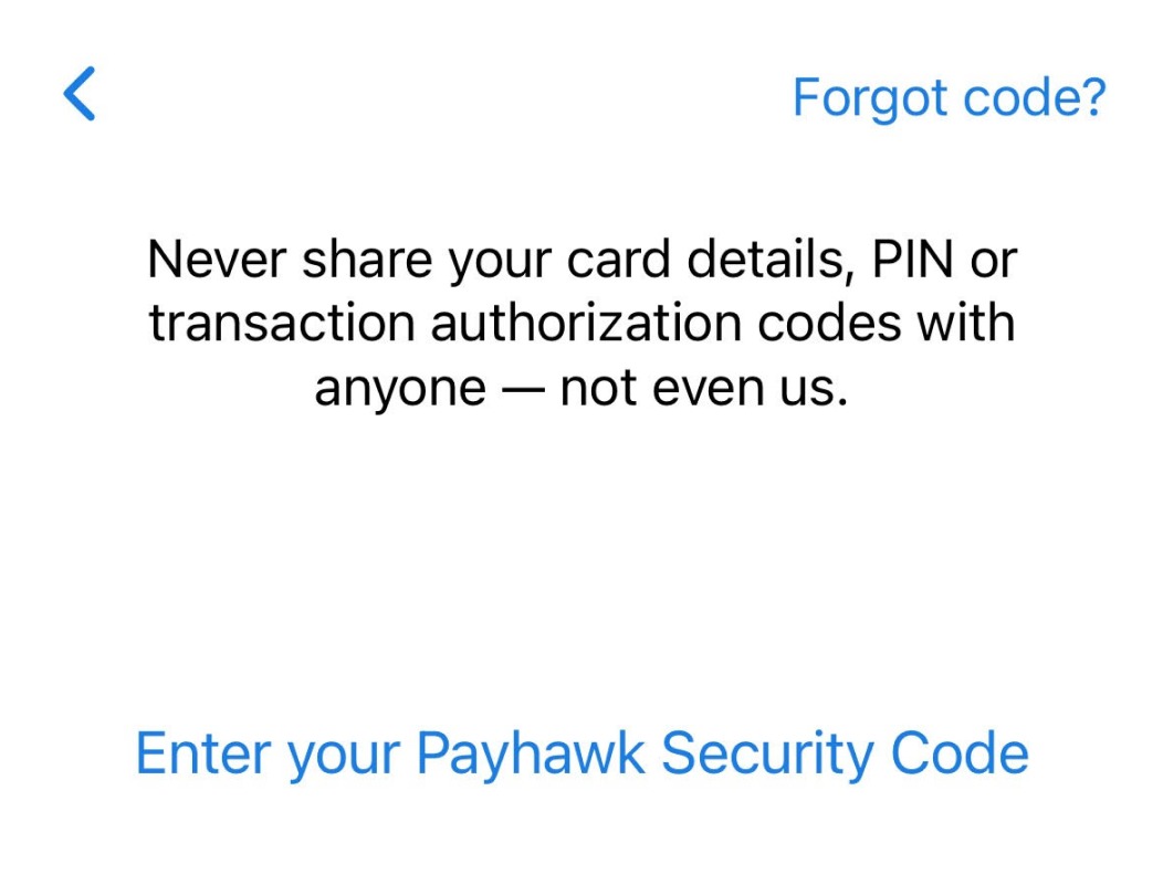 The Enter your Payhawk Security Code screen in the mobile app with the Forgot code? link.