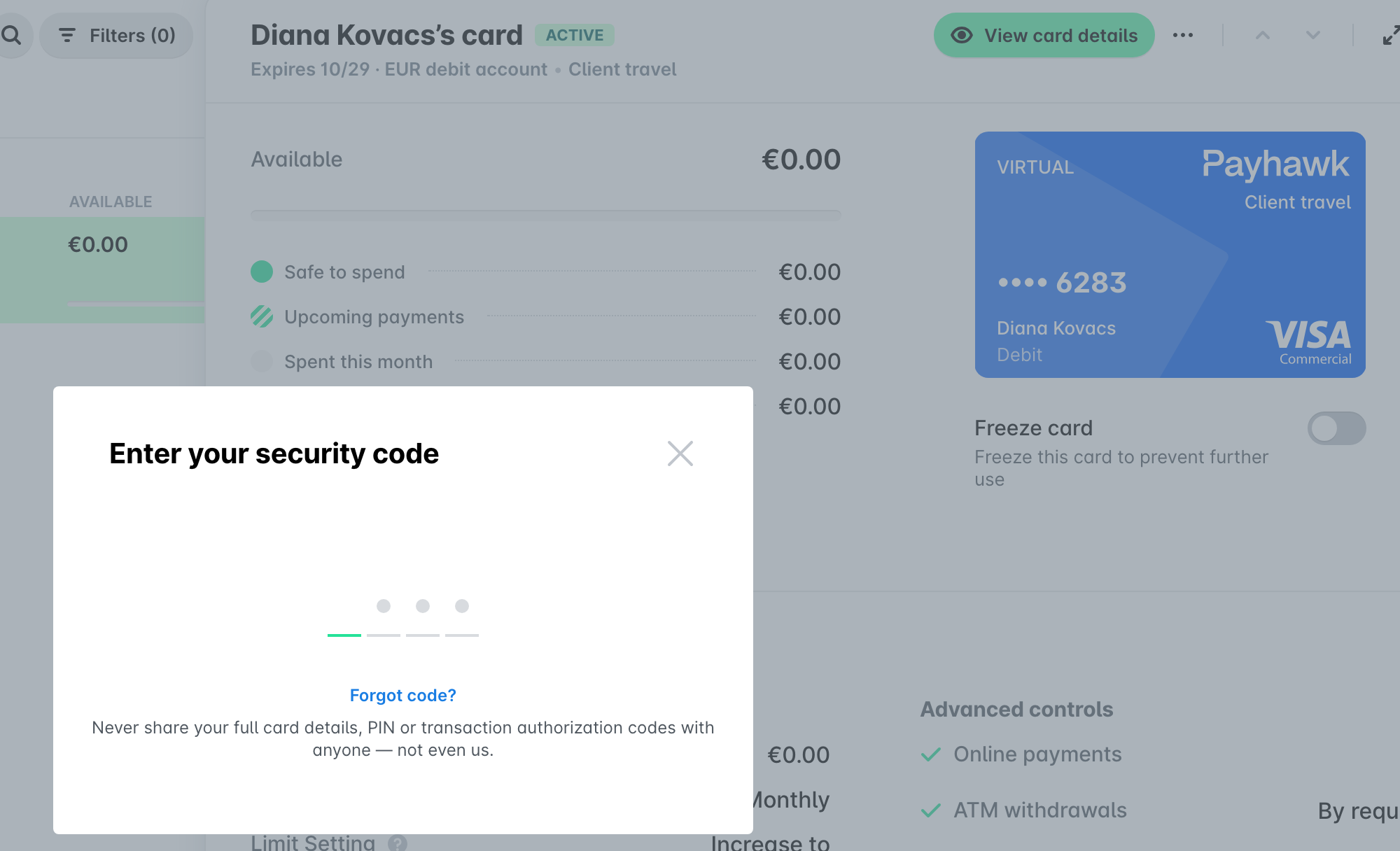 A card panel in the portal with the Enter your security code dialog open after selecting View card details, showing the Forgot code? link.