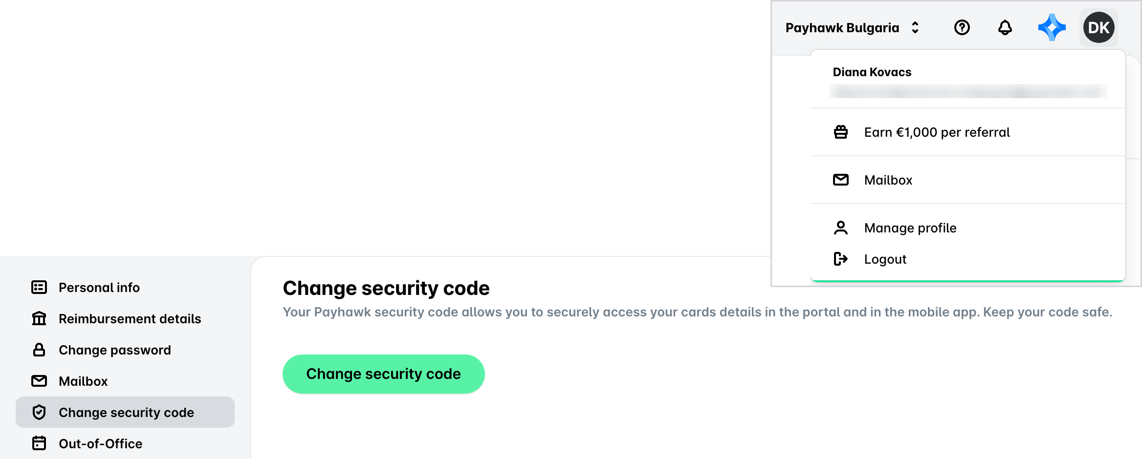 The profile menu open on Manage profile, and the Change security code page with the Change security code button.