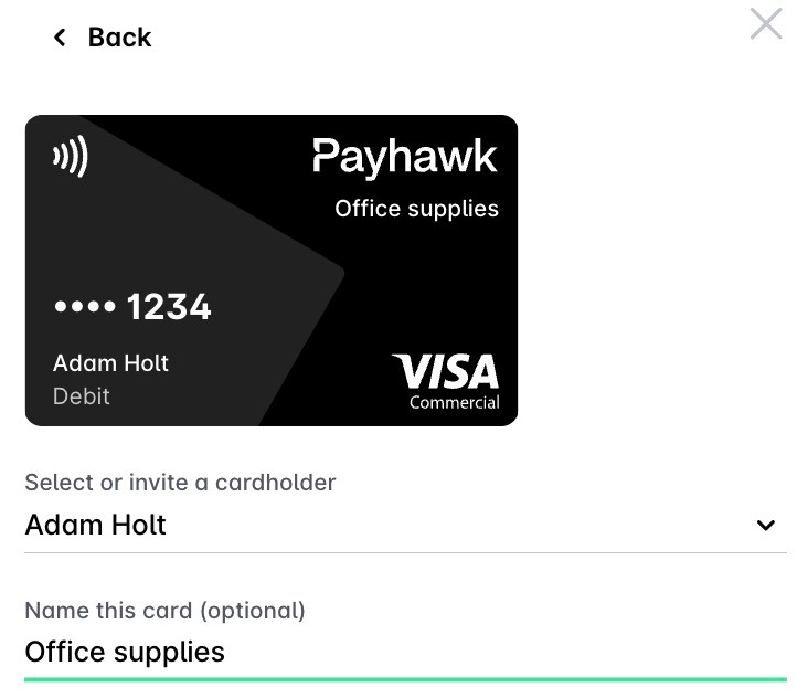 The new card form with Adam Holt selected as the cardholder and the card named Office supplies, shown on the card preview.