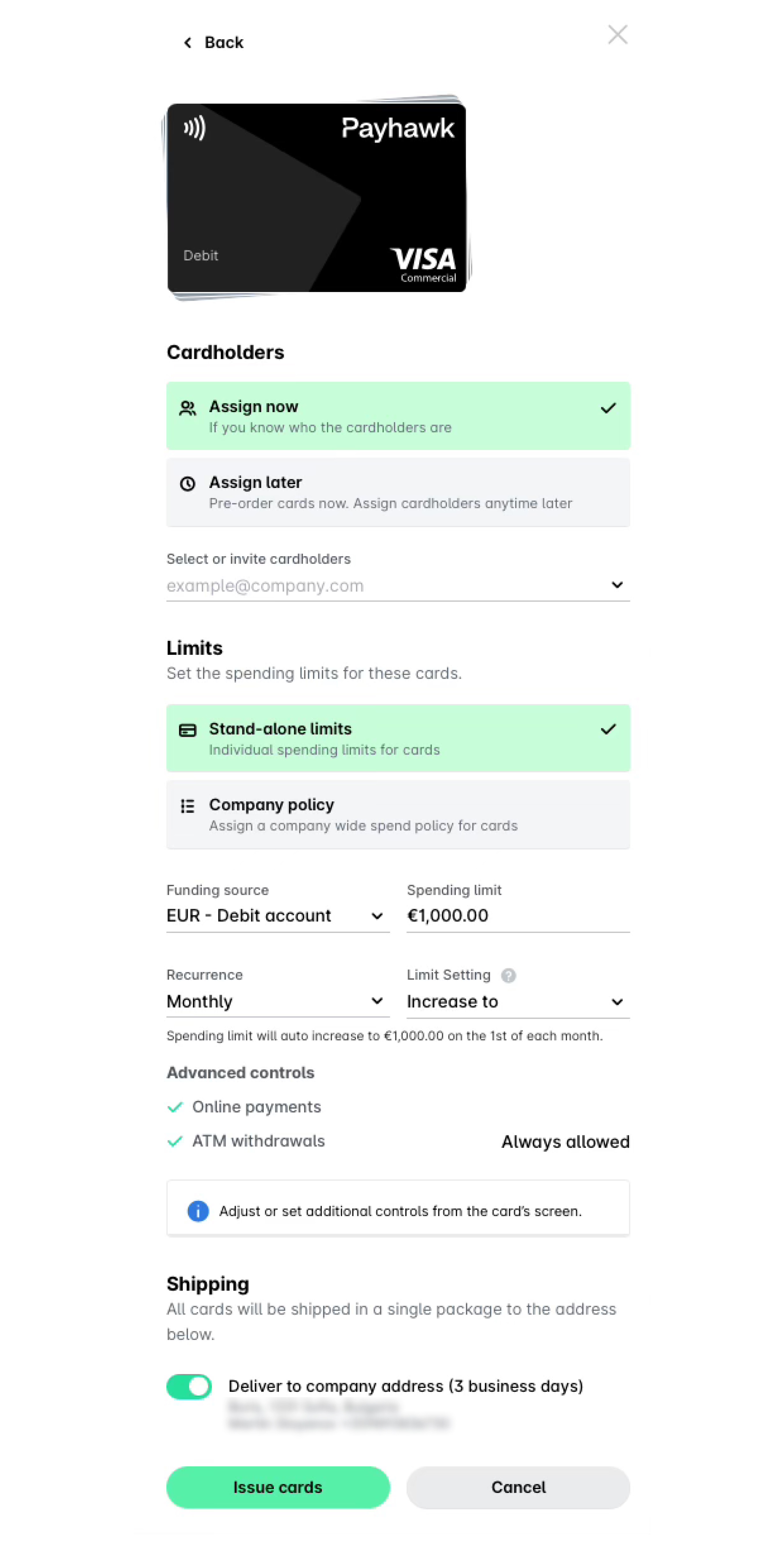 The Bulk issue panel with Assign now selected, stand-alone limits and advanced controls set, and the Issue cards button.
