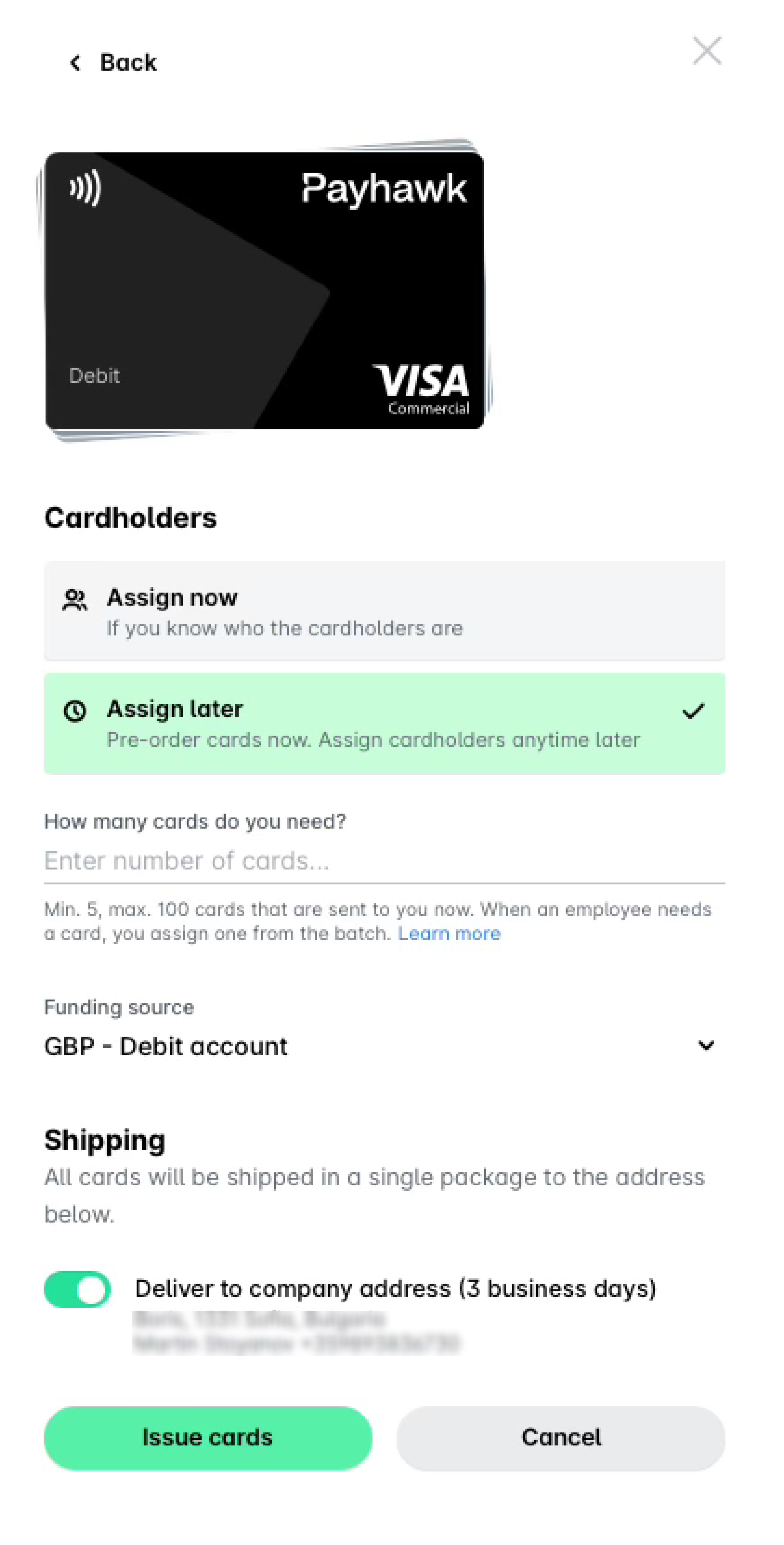 The Bulk issue panel with Assign later selected, the number of cards and the funding source fields, and the shipping address.
