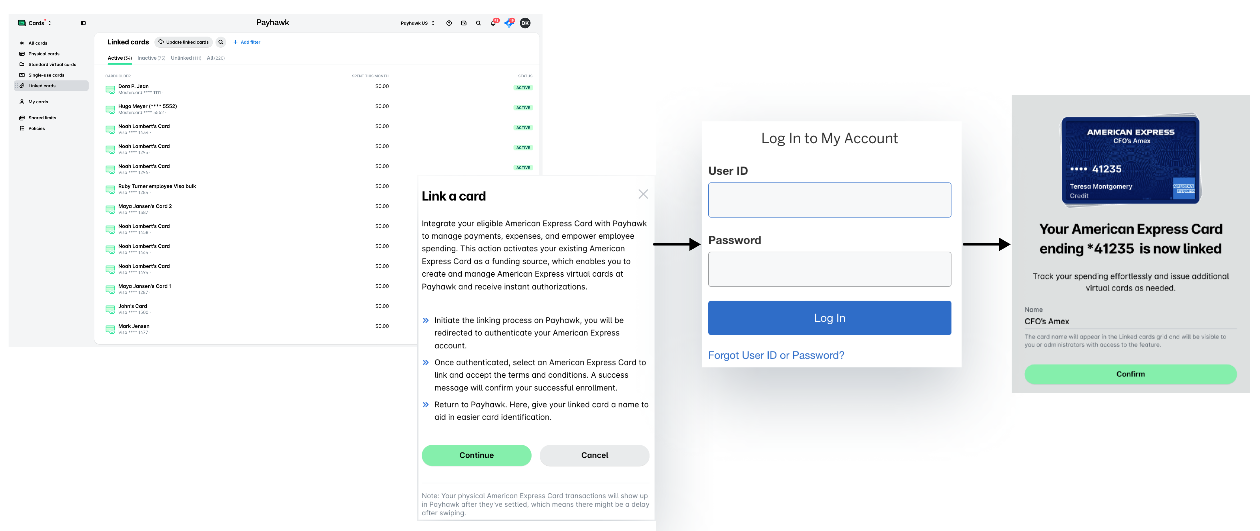 Linked cards with the Link a card dialog, the American Express login screen, and the confirmation that the card is linked.