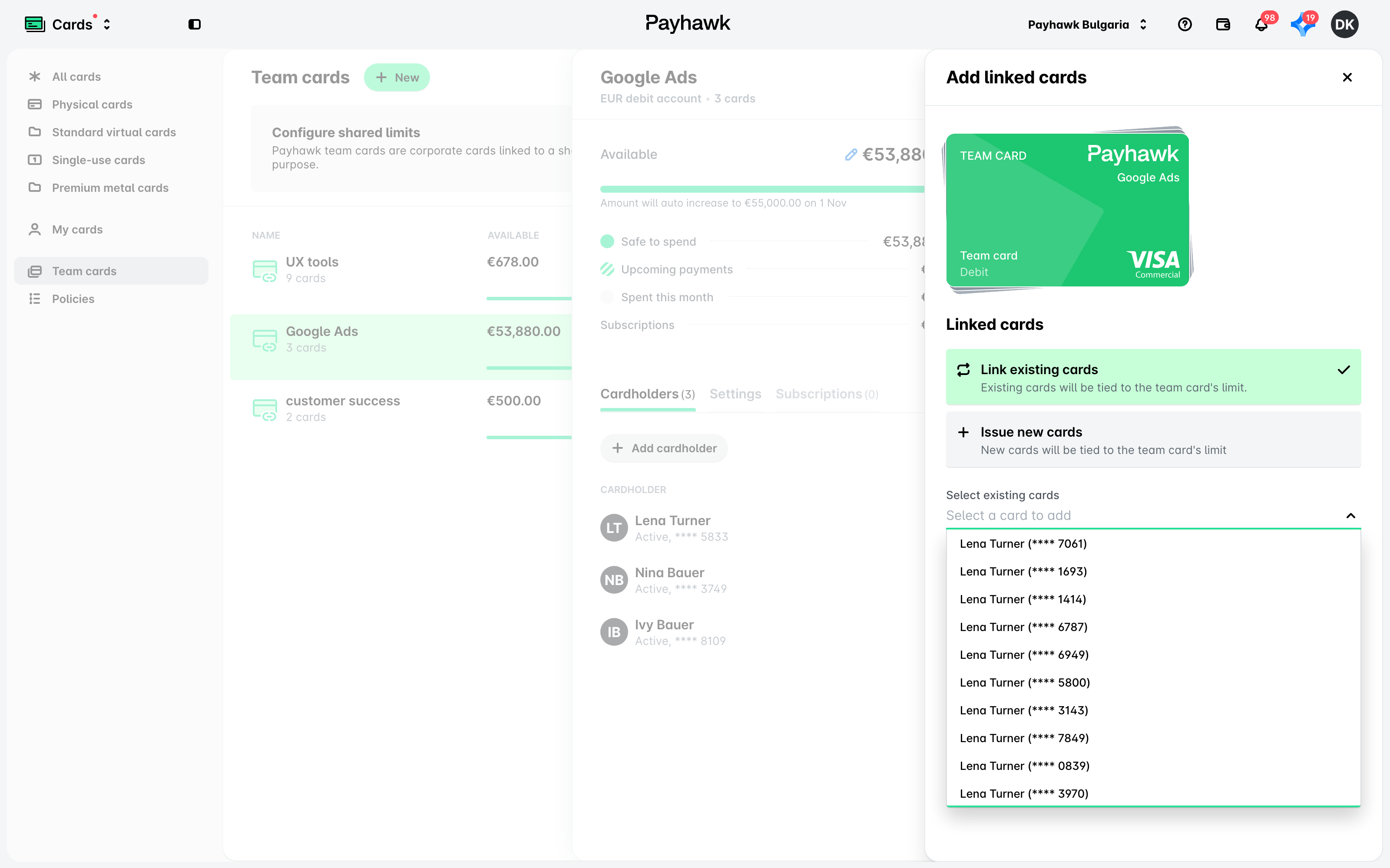 The Add linked cards panel with Link existing cards selected and the list of existing cards open.
