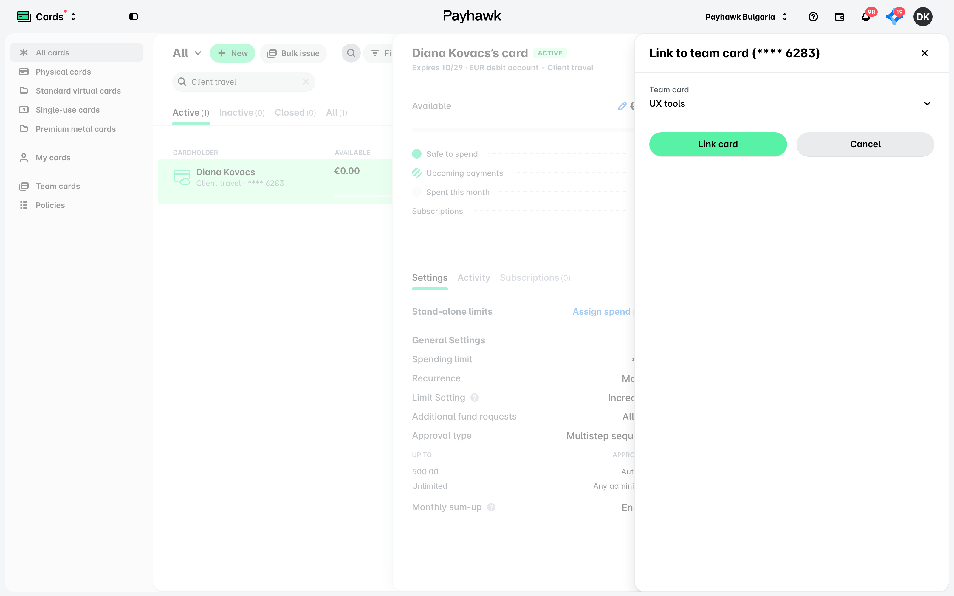 The Link to team card panel opened from a card record, with a team card selected.