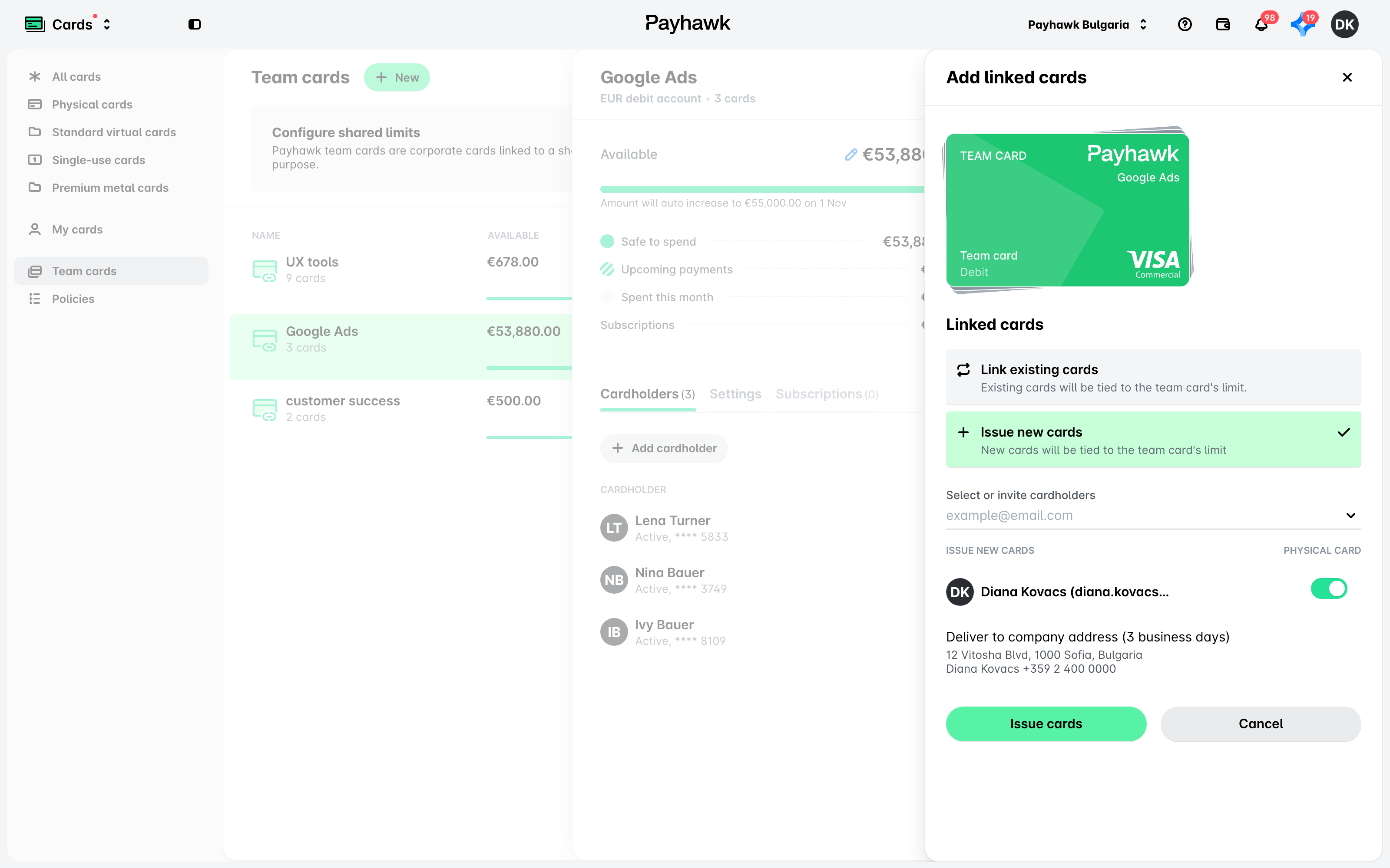 The Add linked cards panel with Issue new cards selected, a cardholder added and Physical card switched on.