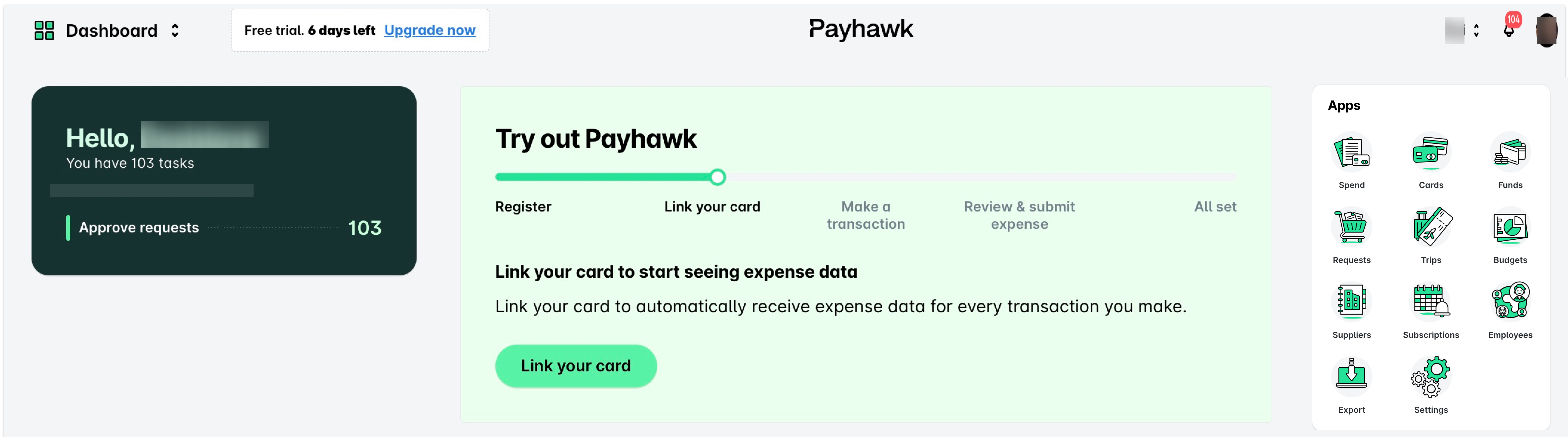 Het dashboard met de stap koppel je kaart in de lijst Probeer Payhawk uit en het Apps-paneel.