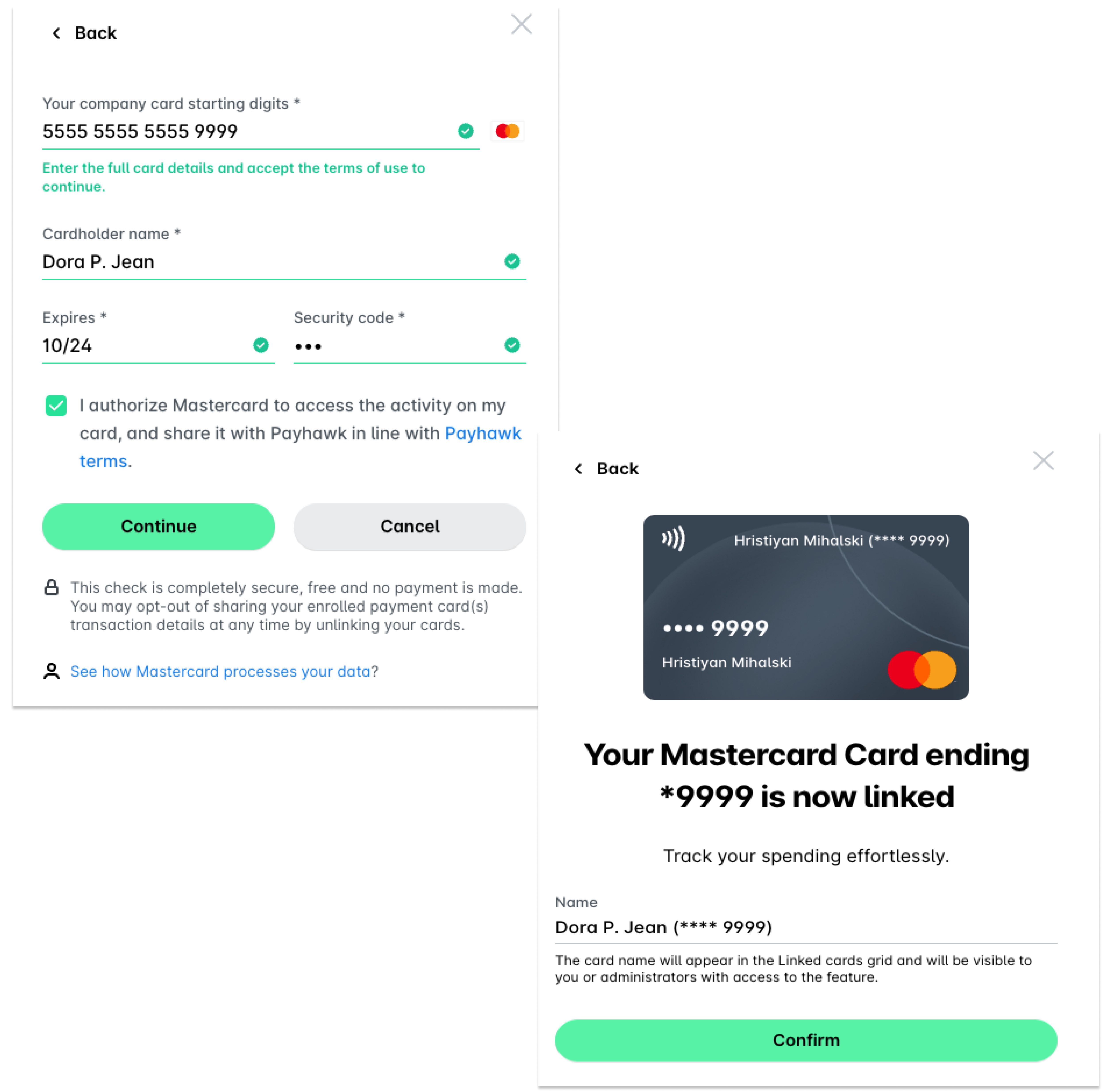 The Mastercard card details form with the authorization checkbox, and the confirmation that the card is linked.