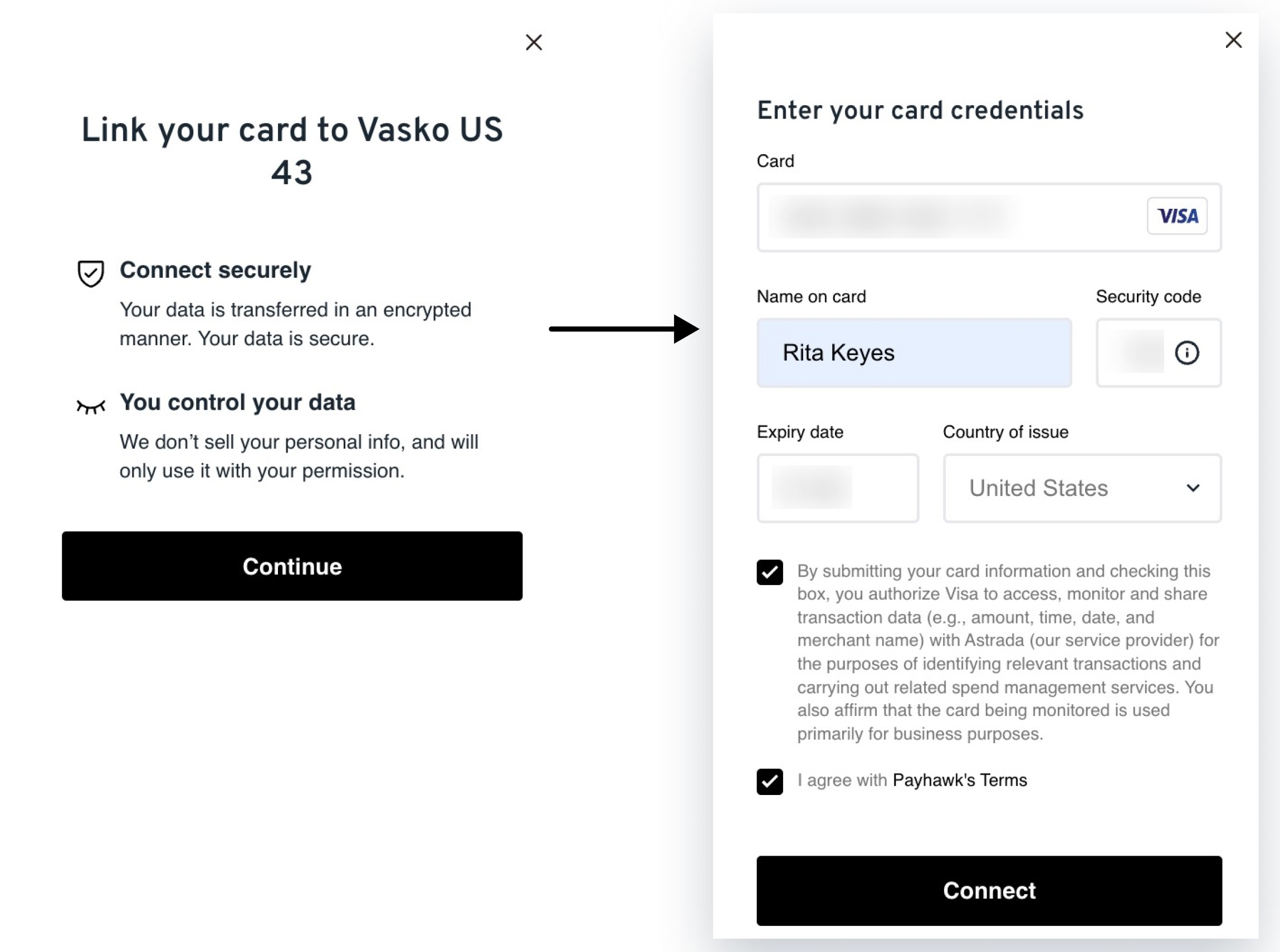 The Visa linking screens where you continue and then enter your card credentials and click Connect.