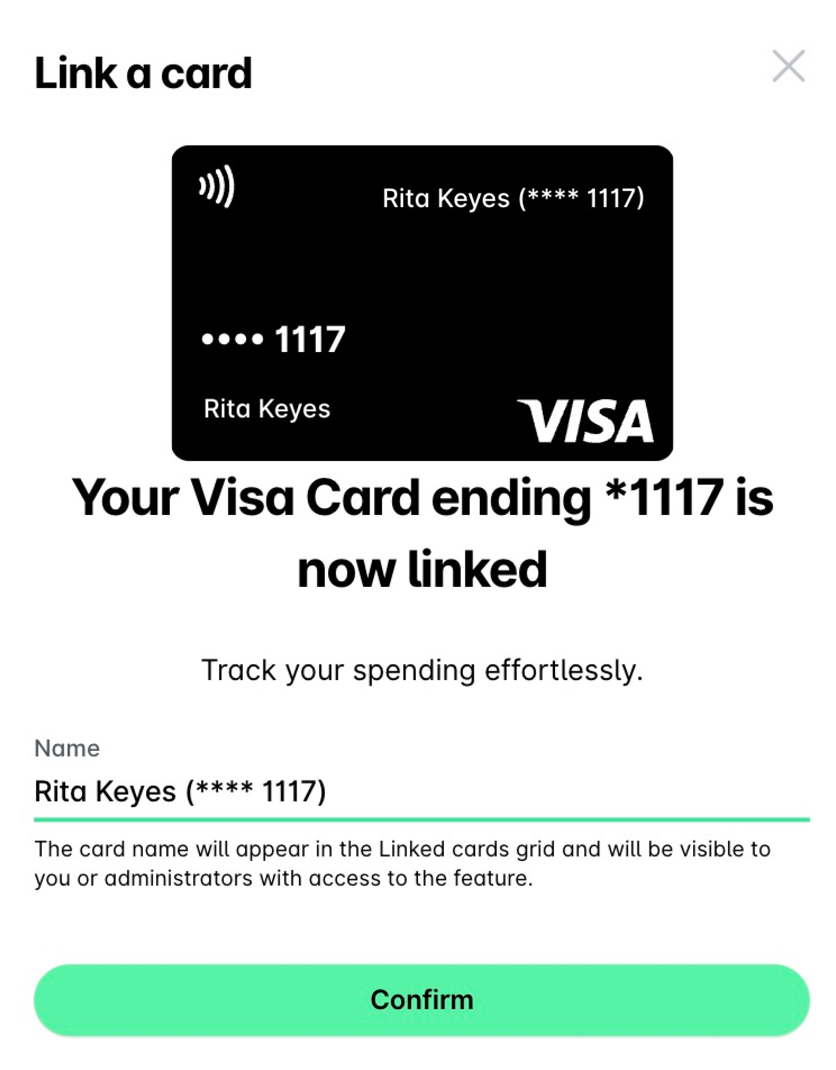 The confirmation that the Visa card is now linked, with the card name field and Confirm.