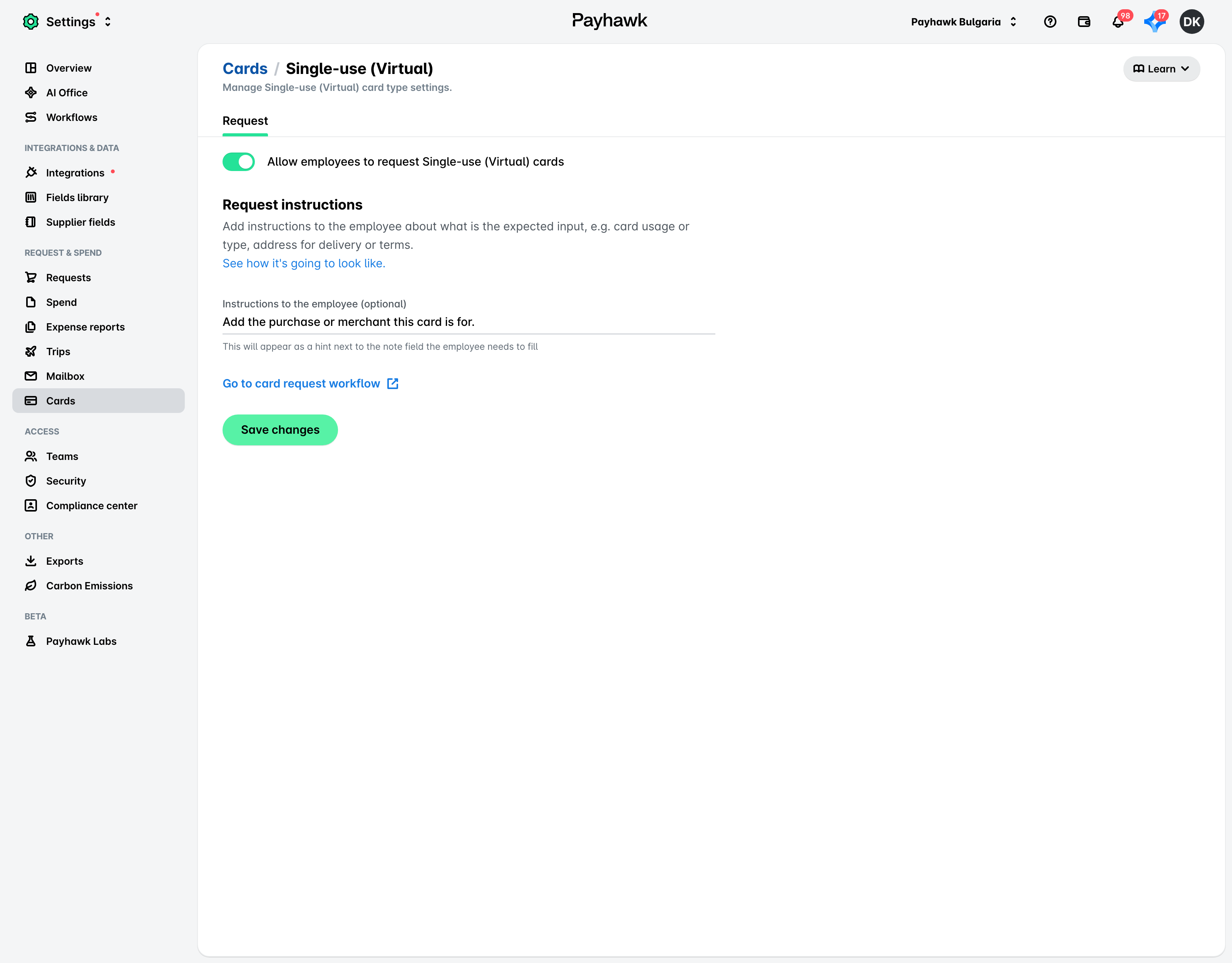 Settings, Cards, Single-use (Virtual) card type with the Allow employees to request toggle on and request instructions.
