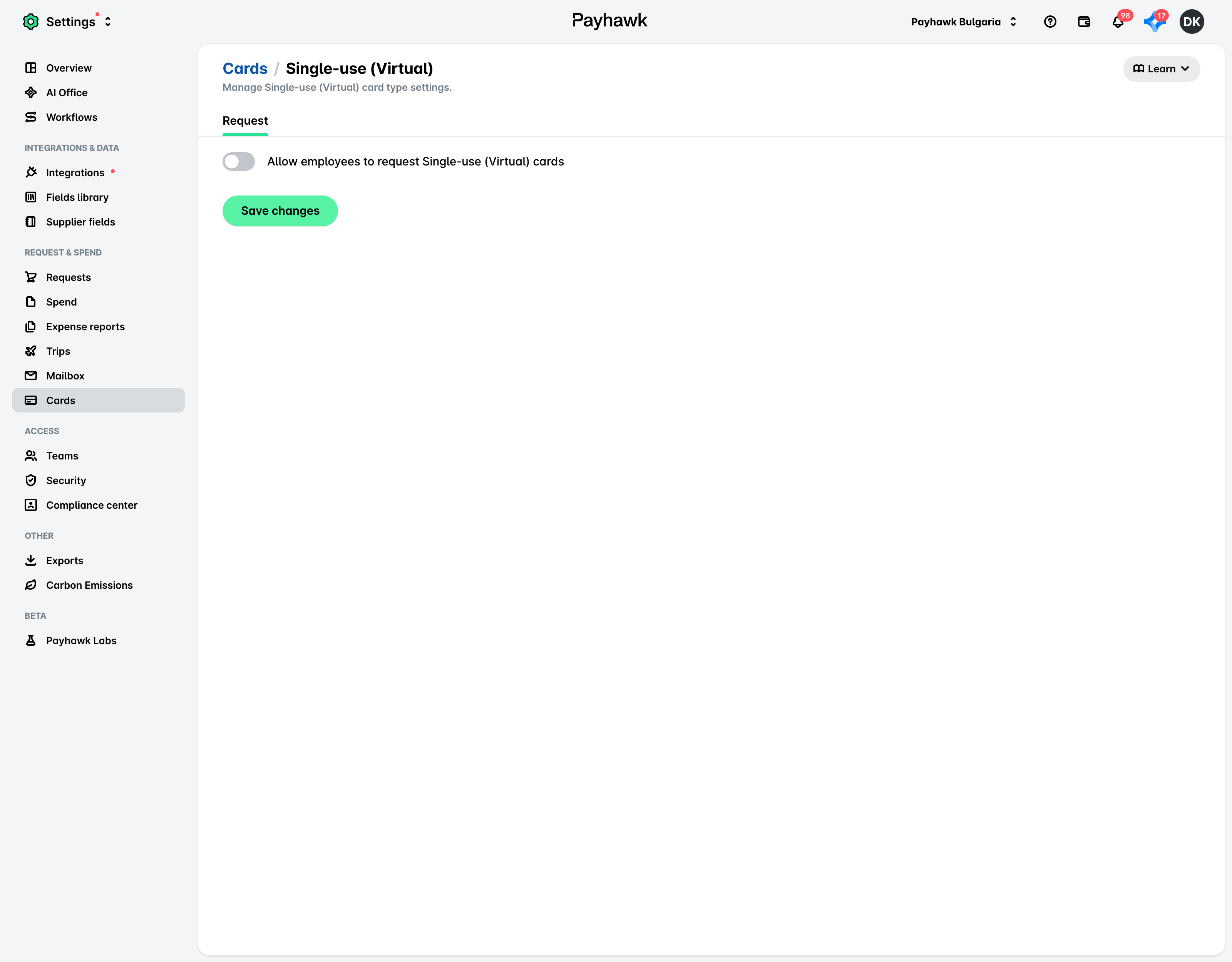 The same Single-use (Virtual) settings page with the Allow employees to request toggle switched off.