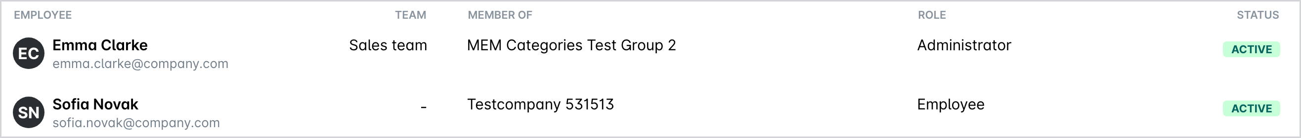 Employee rows on the group Employees page with the Employee, Team, Member of, Role and Status columns.