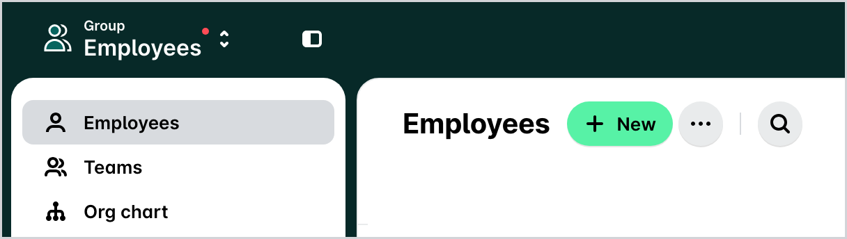The group Employees app with the Employees, Teams and Org chart views and the New button.