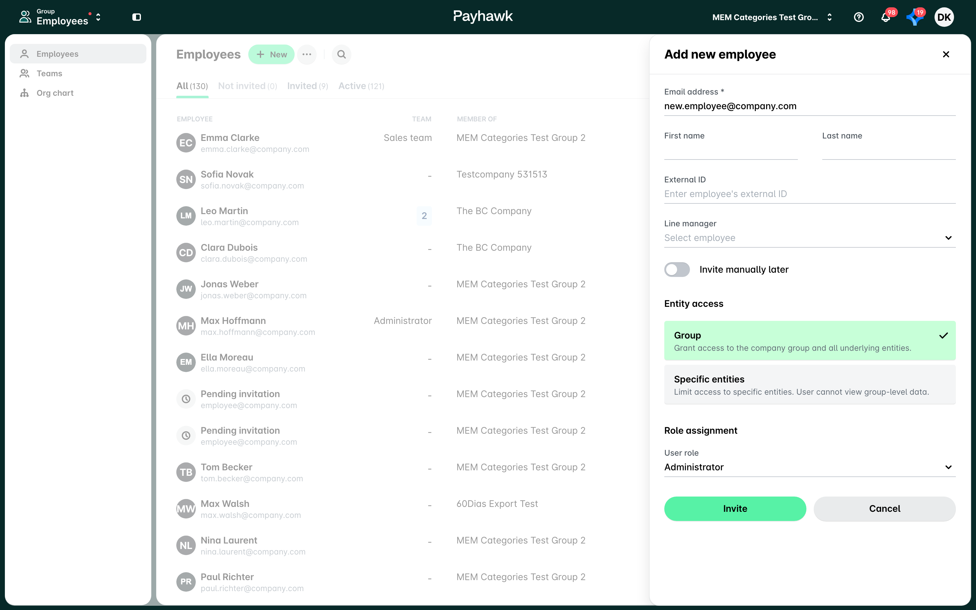 The Add new employee panel with Group entity access selected and the Administrator role.