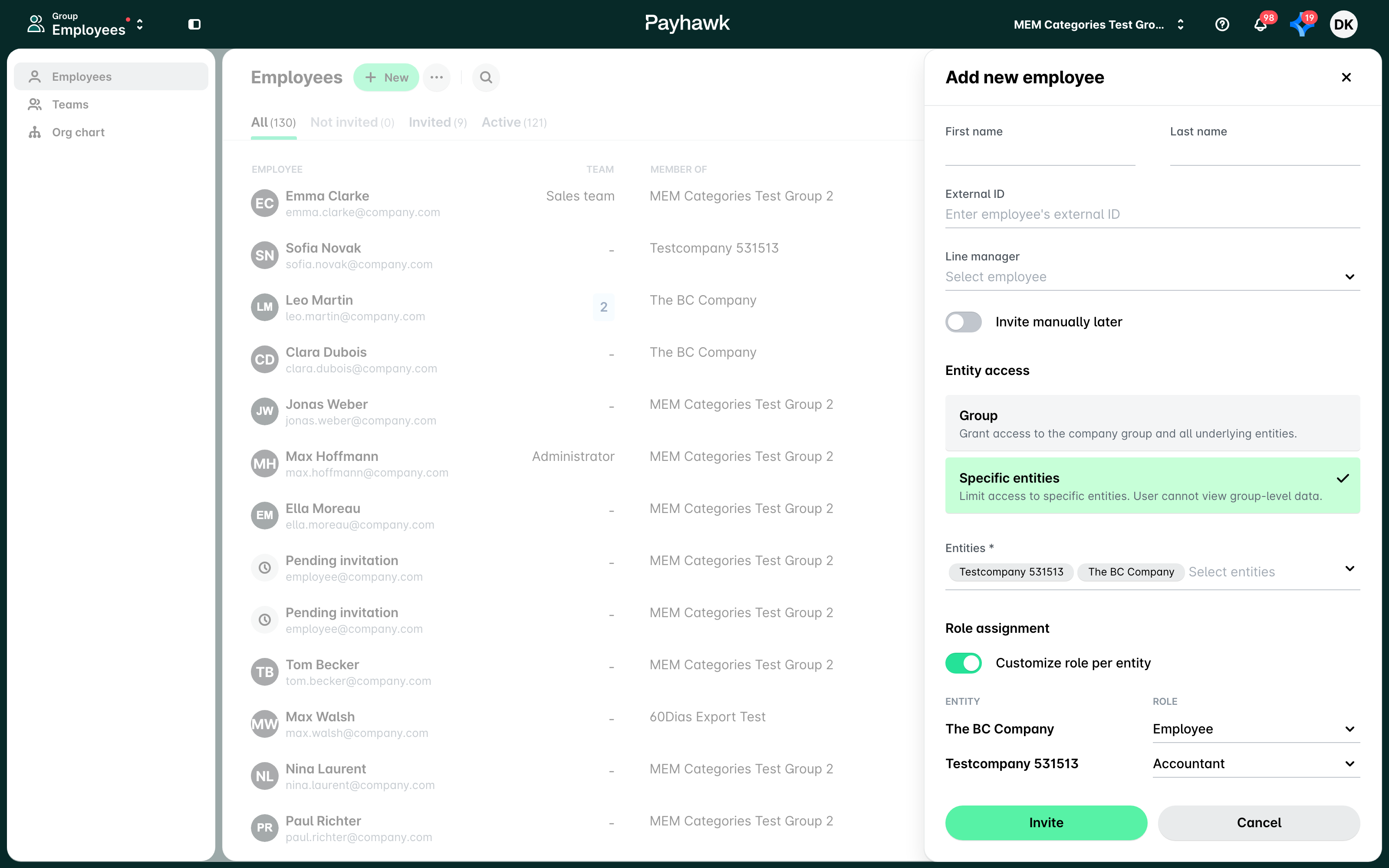 The Add new employee panel with Specific entities selected and a different role for each entity.