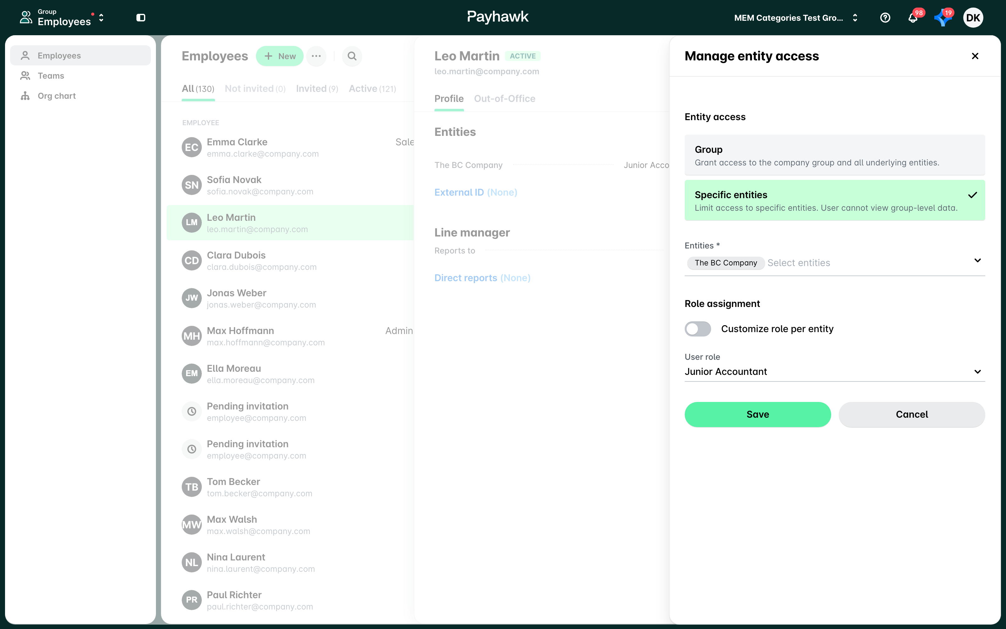 The Manage entity access panel of a group employee, with entity access, entities and the user role.