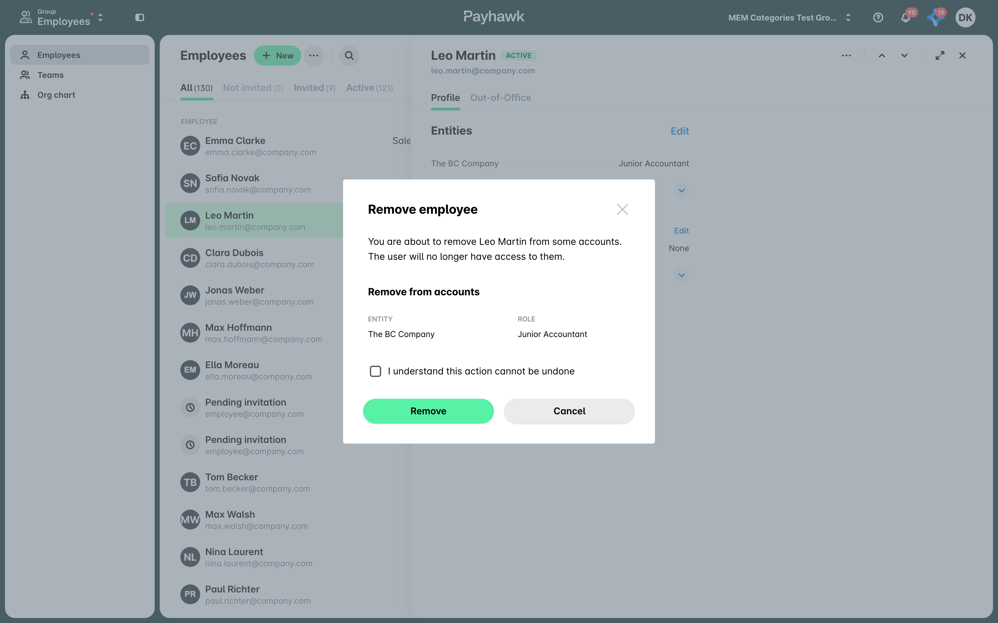 The Remove employee dialog listing the entities and roles the employee will be removed from.