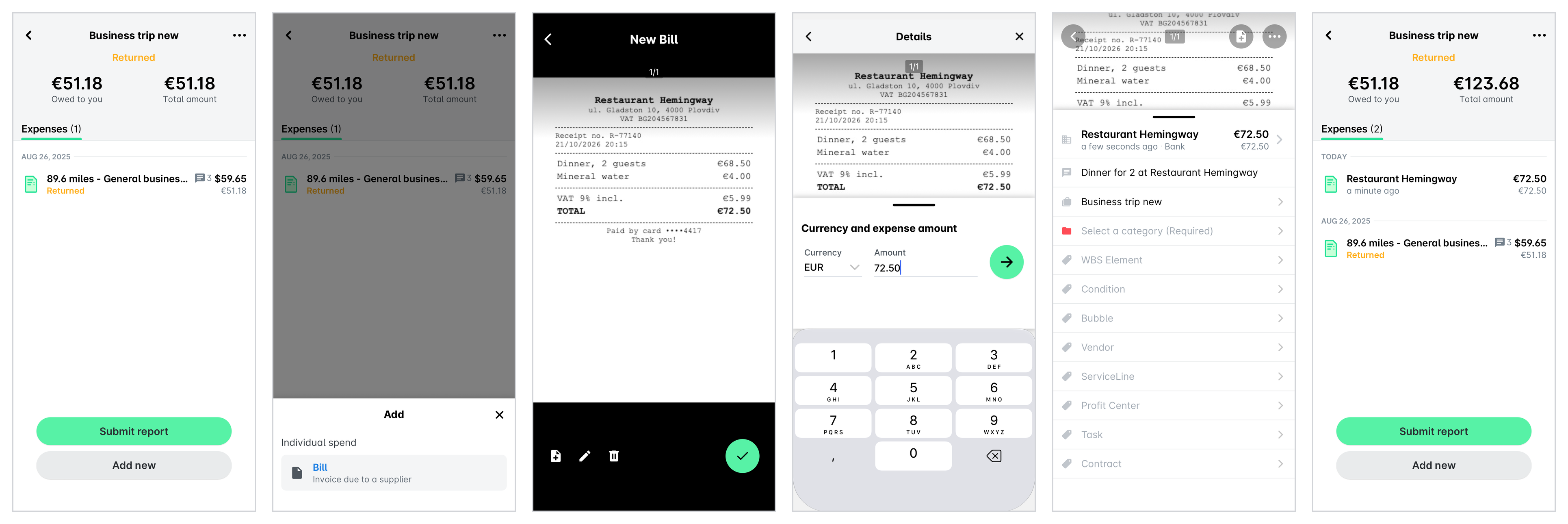 Ajout d'une nouvelle dépense à un rapport dans l'application mobile : le rapport, Ajouter, Facture, le reçu téléchargé, le montant, les détails de la dépense et le rapport avec la nouvelle dépense.