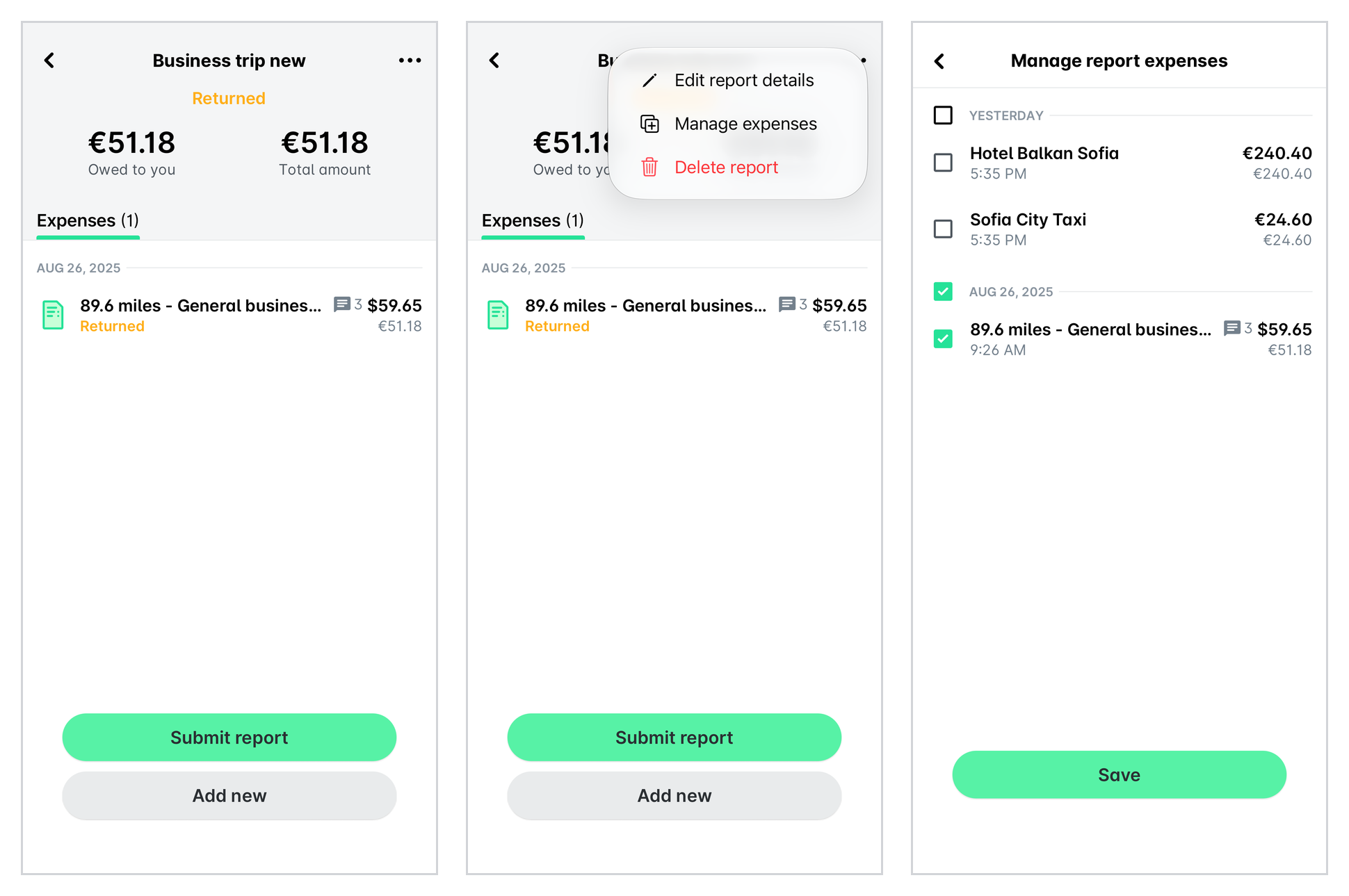 Une note de frais dans l'application mobile, son menu à trois points avec Gérer les dépenses et l'écran de gestion des dépenses du rapport.