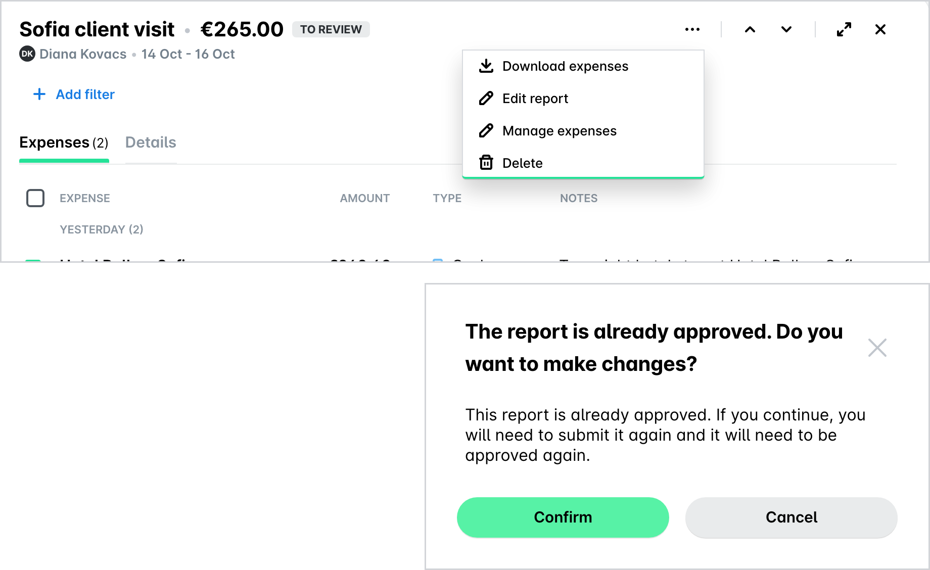 Le menu à trois points d'une note de frais approuvée et l'avertissement qui vous demande de confirmer les modifications d'un rapport approuvé.