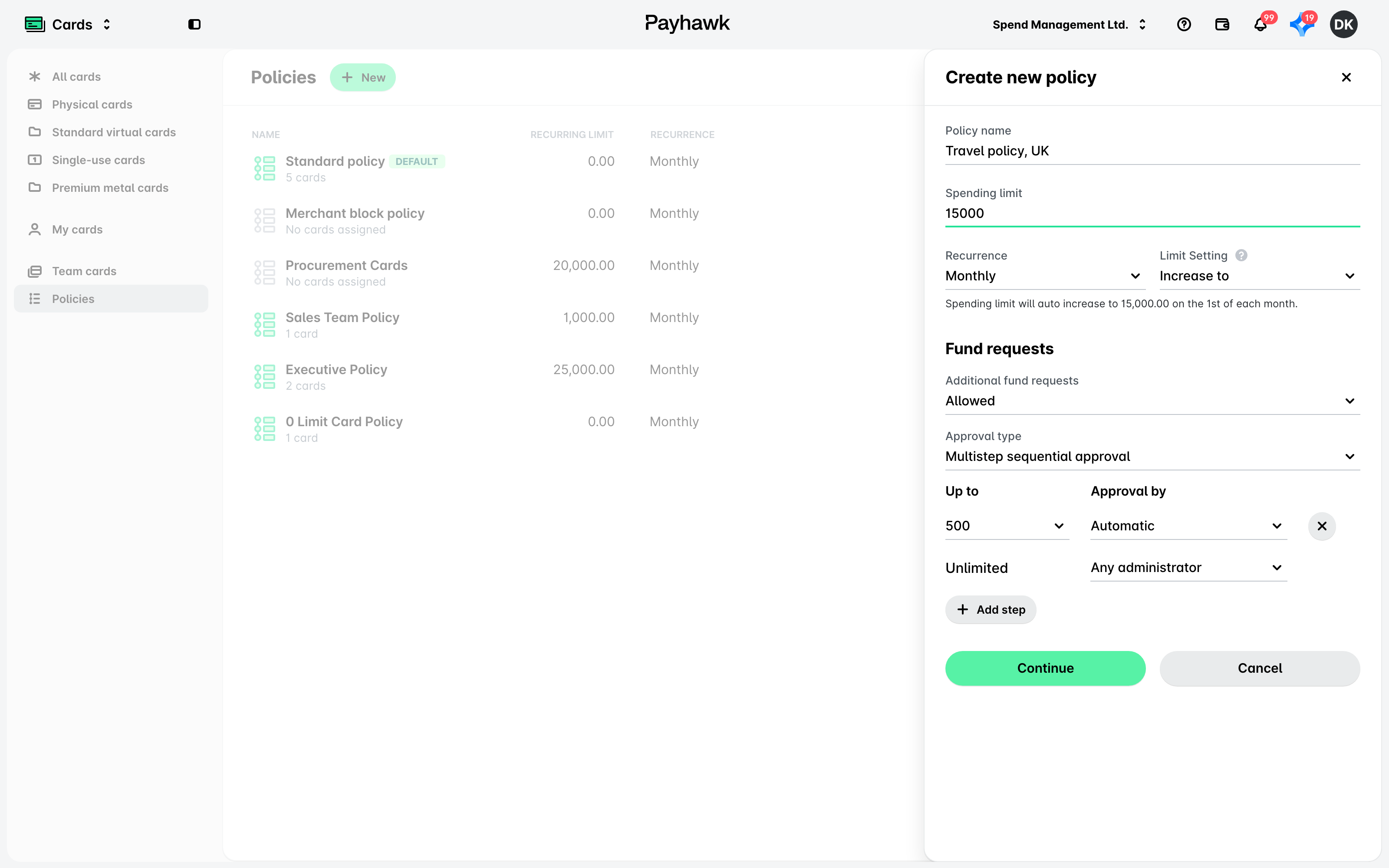 The Policies list in the Cards app with the Create new policy panel filled in.
