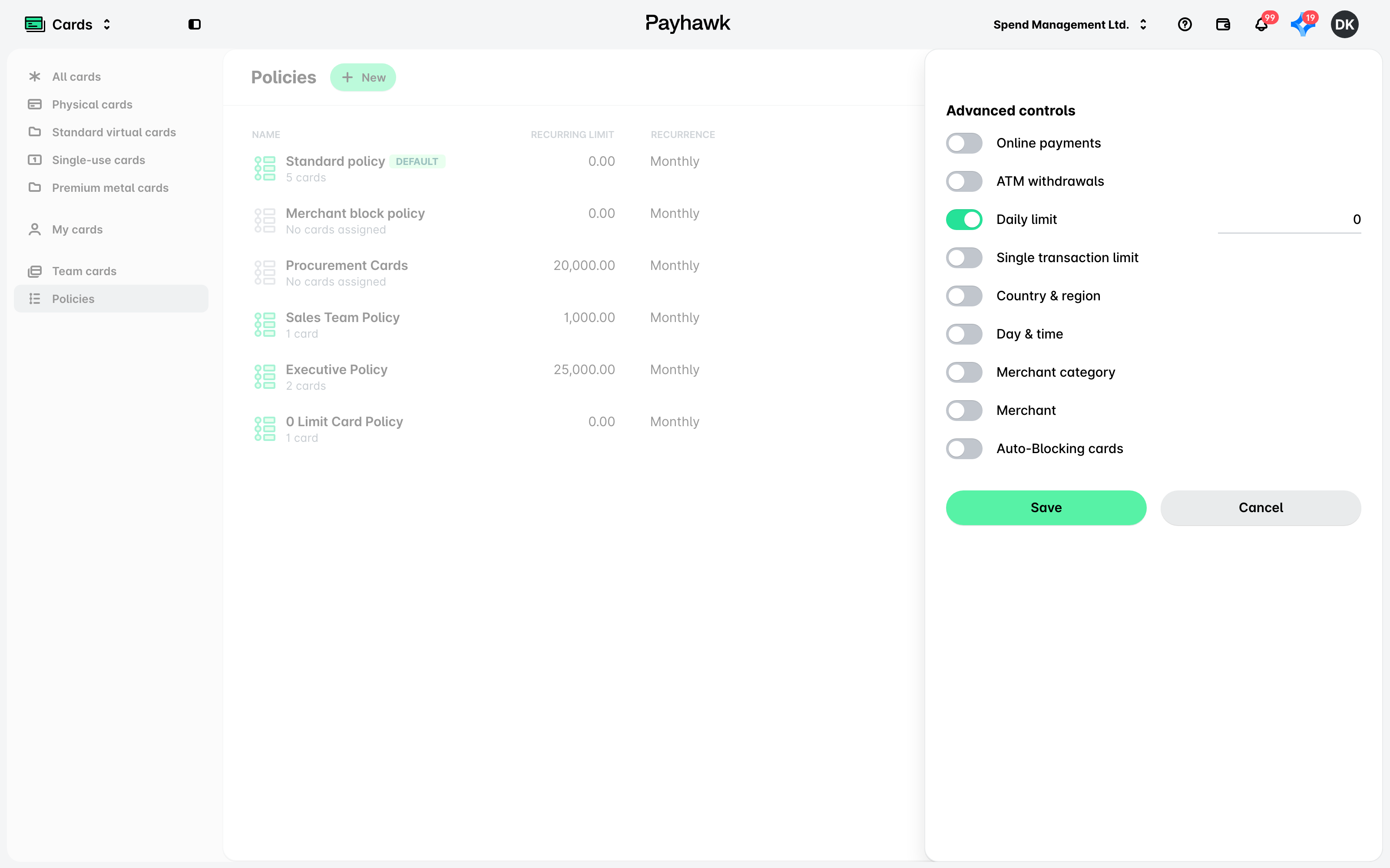 The Advanced controls step of a new spend policy with the card control toggles.