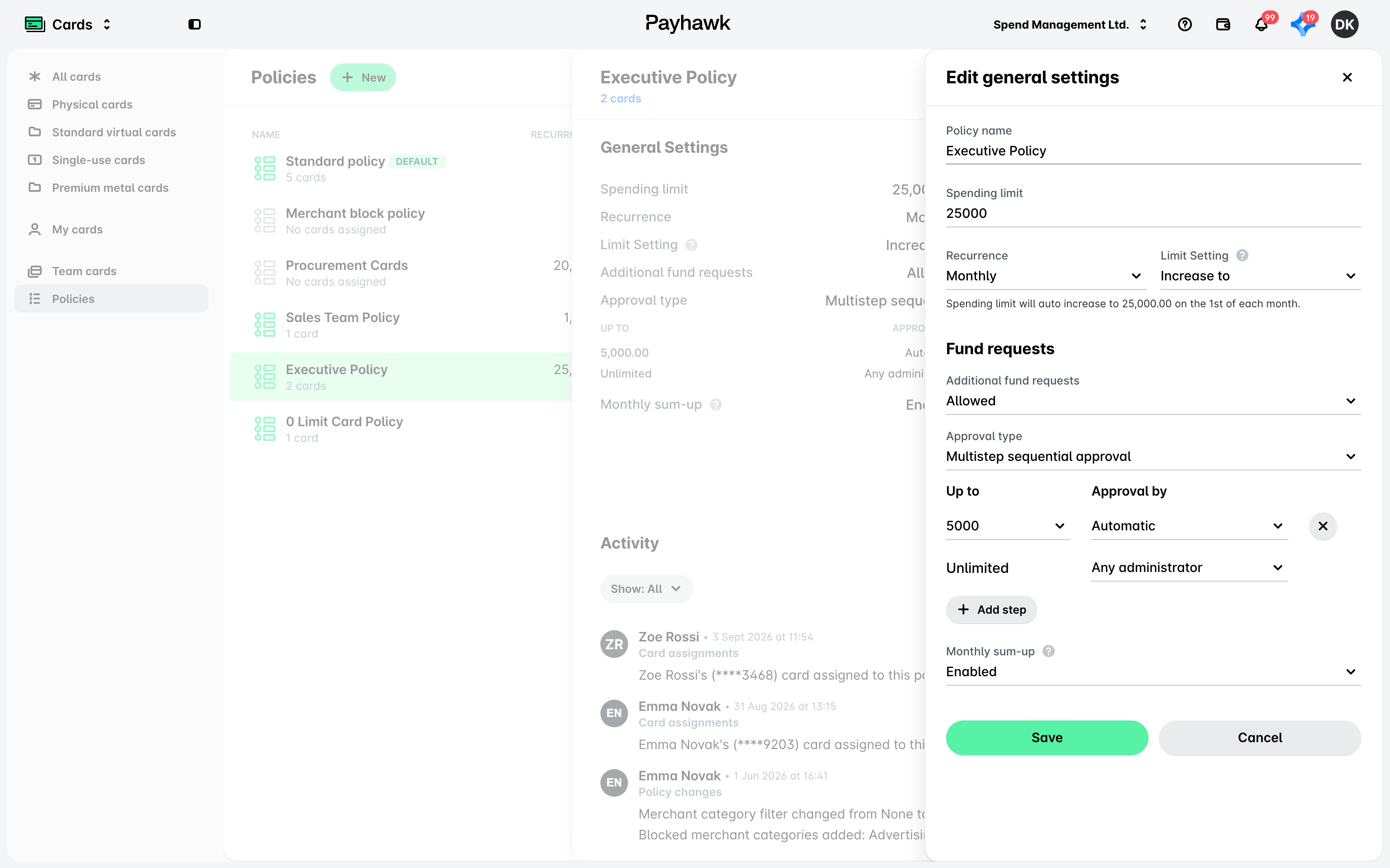 A spend policy record with the Edit general settings panel open.