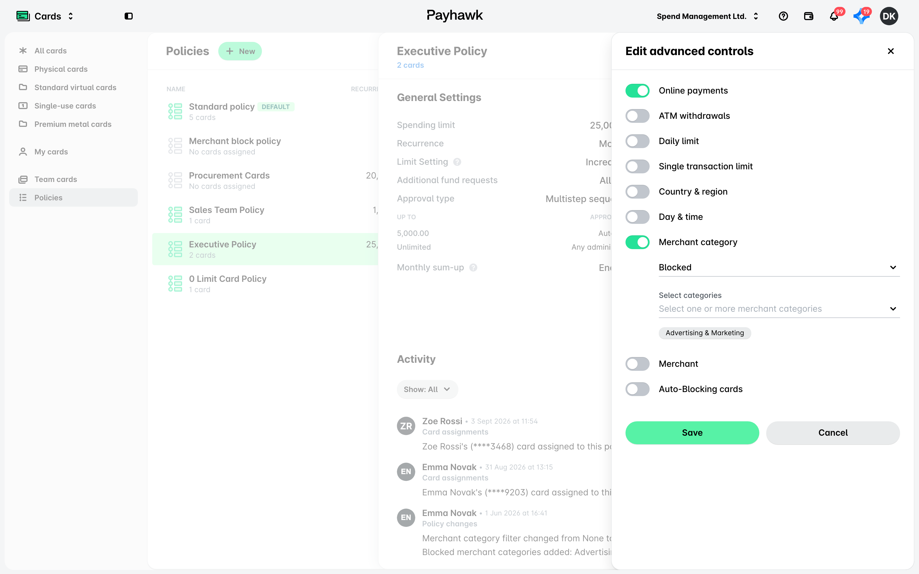 A spend policy record with the Edit advanced controls panel open.