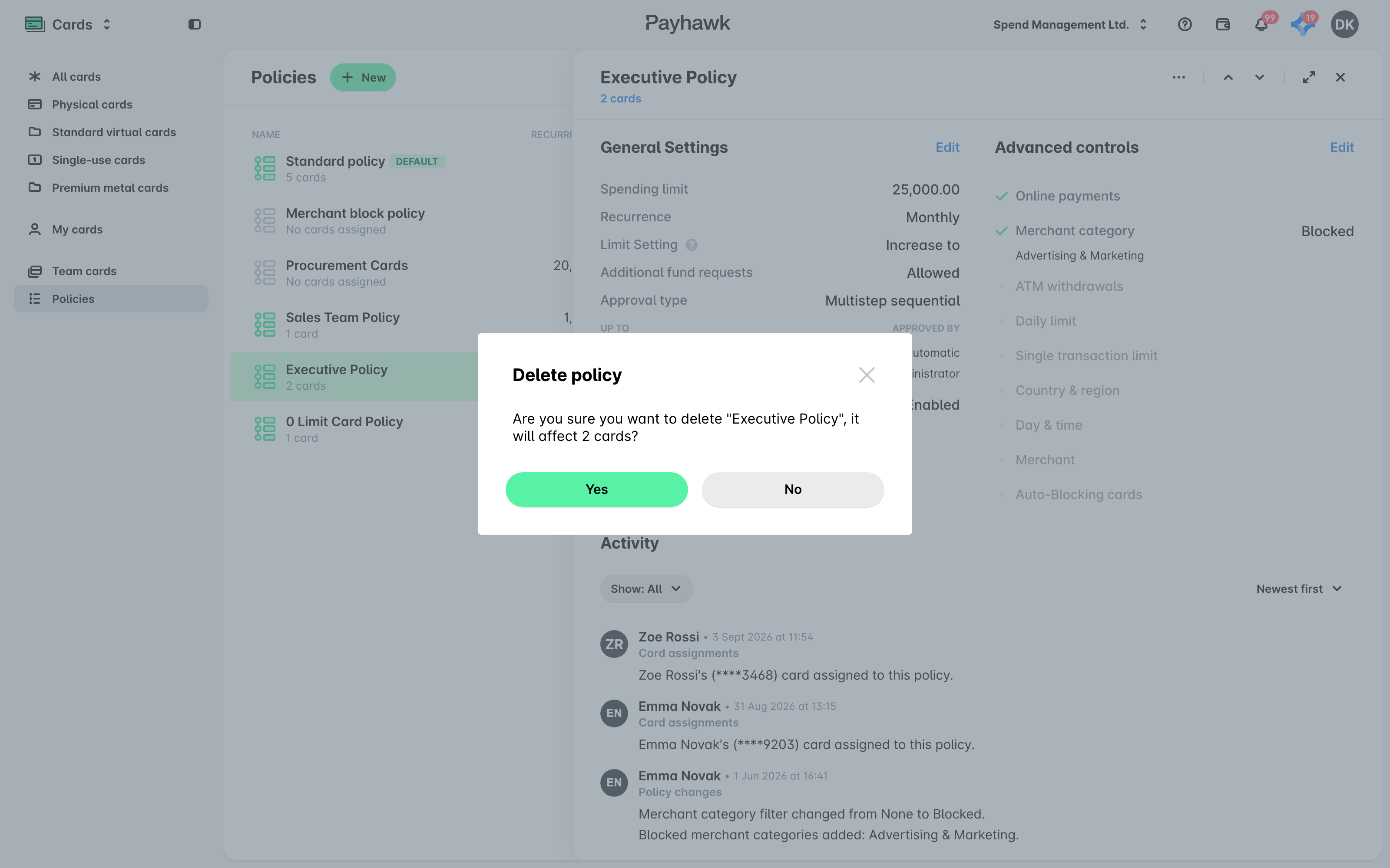 The Delete policy confirmation dialog over a spend policy record.