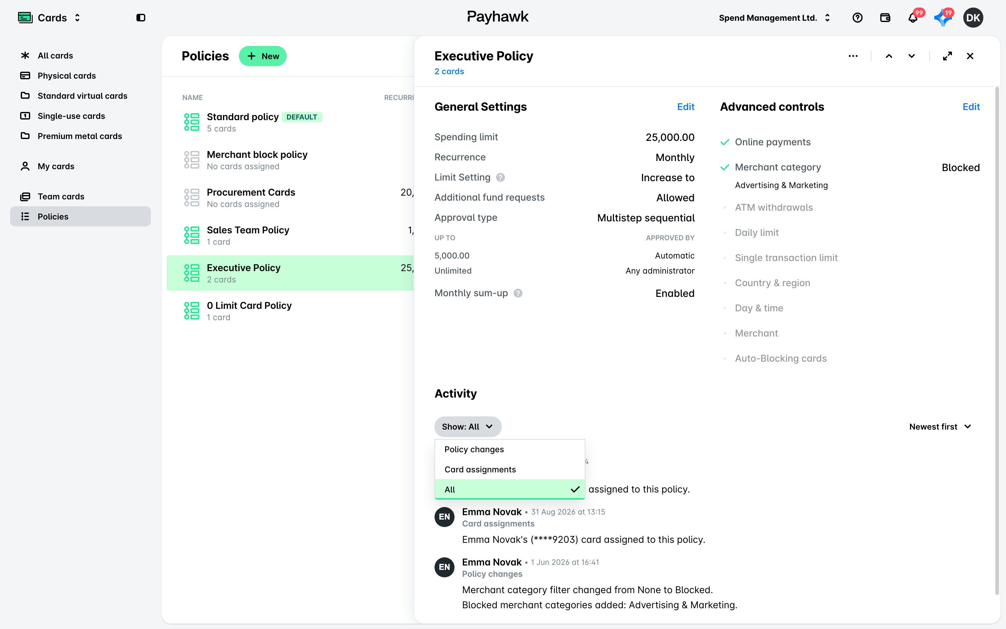 A spend policy record with the Activity Show filter open, listing Policy changes, Card assignments and All.
