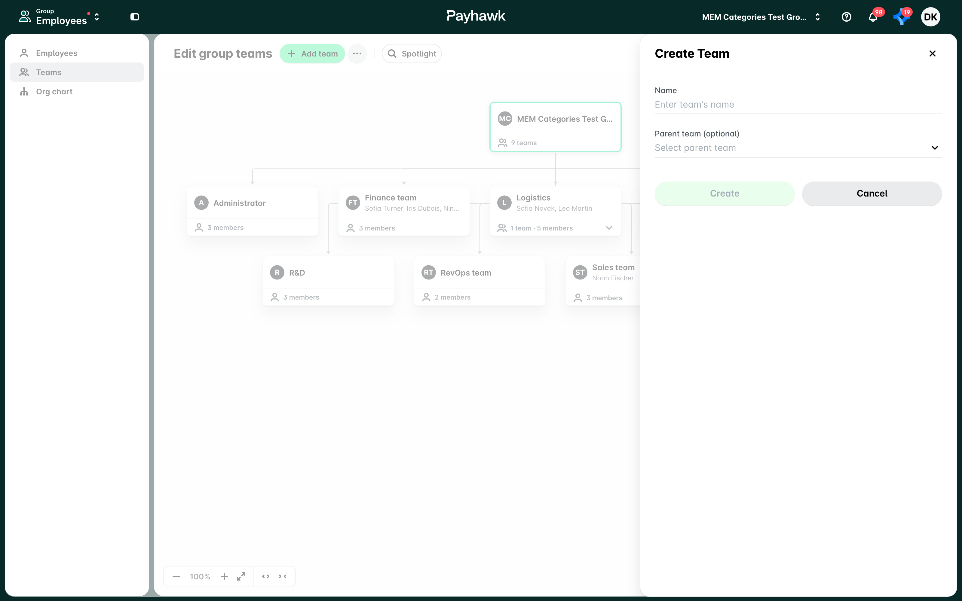The Edit group teams page with the Create Team panel open, showing the Name and Parent team fields.
