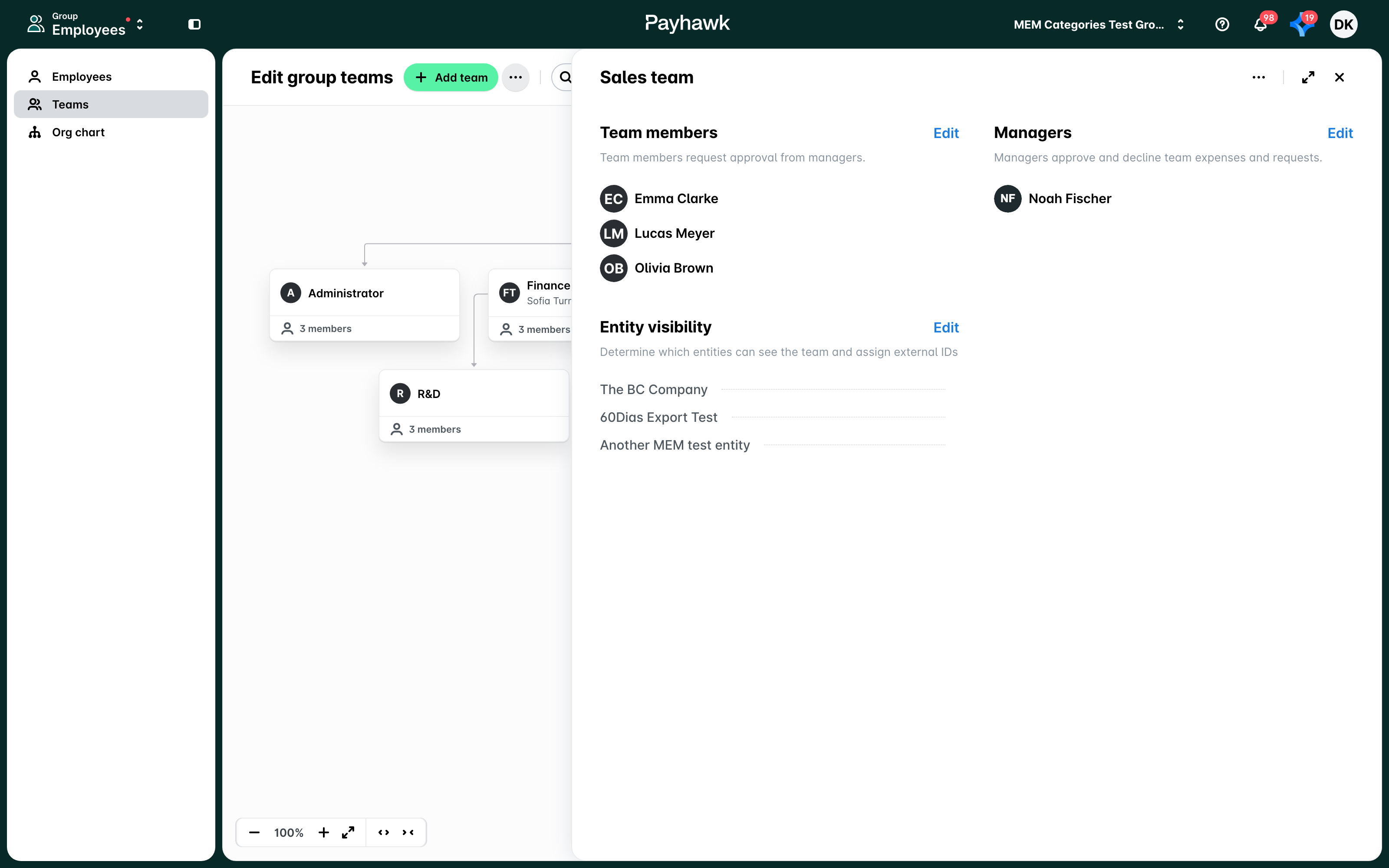 A group team record with the Team members, Managers and Entity visibility sections, each with an Edit link.