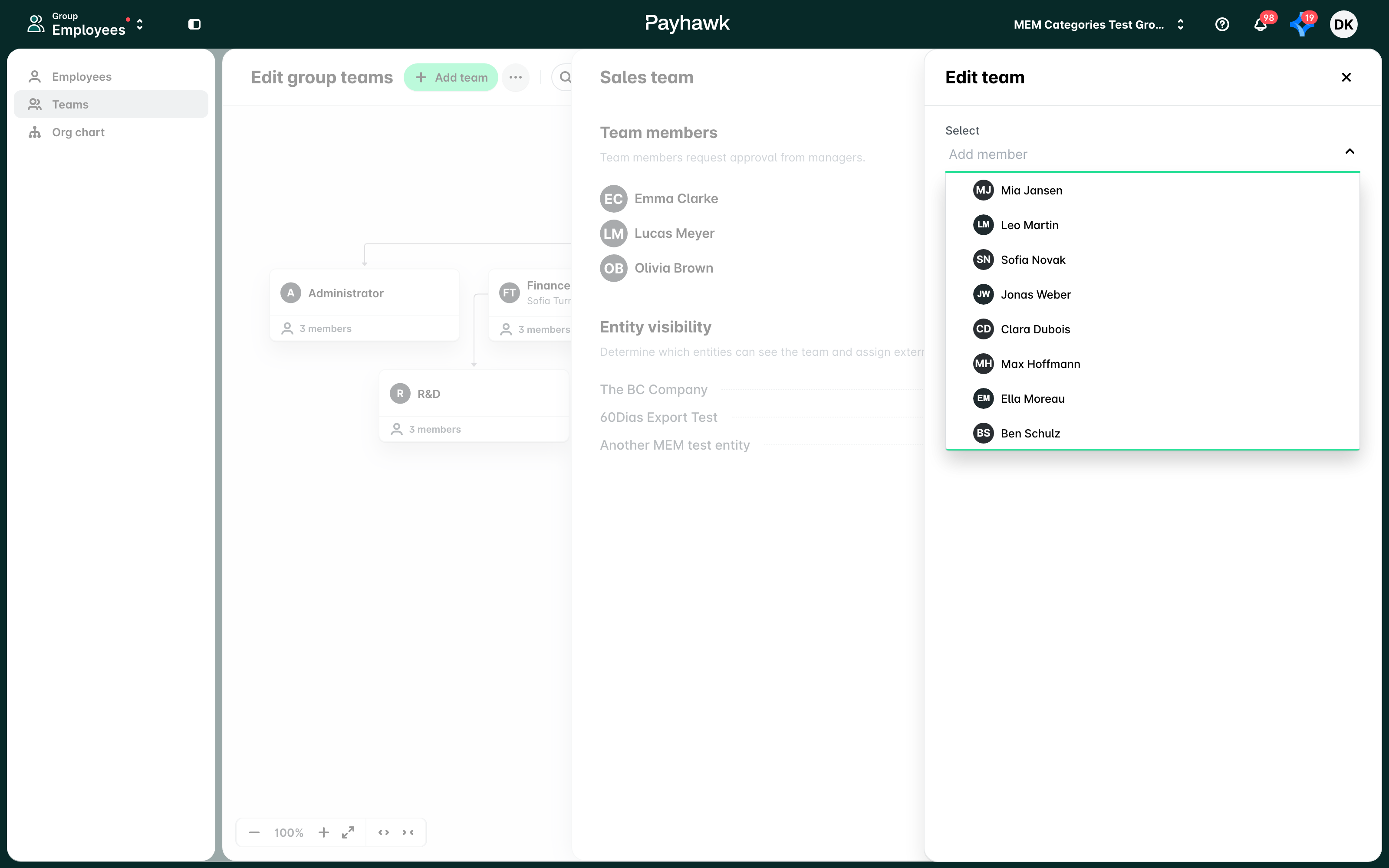 The Edit team panel for team members with the Add member list open.