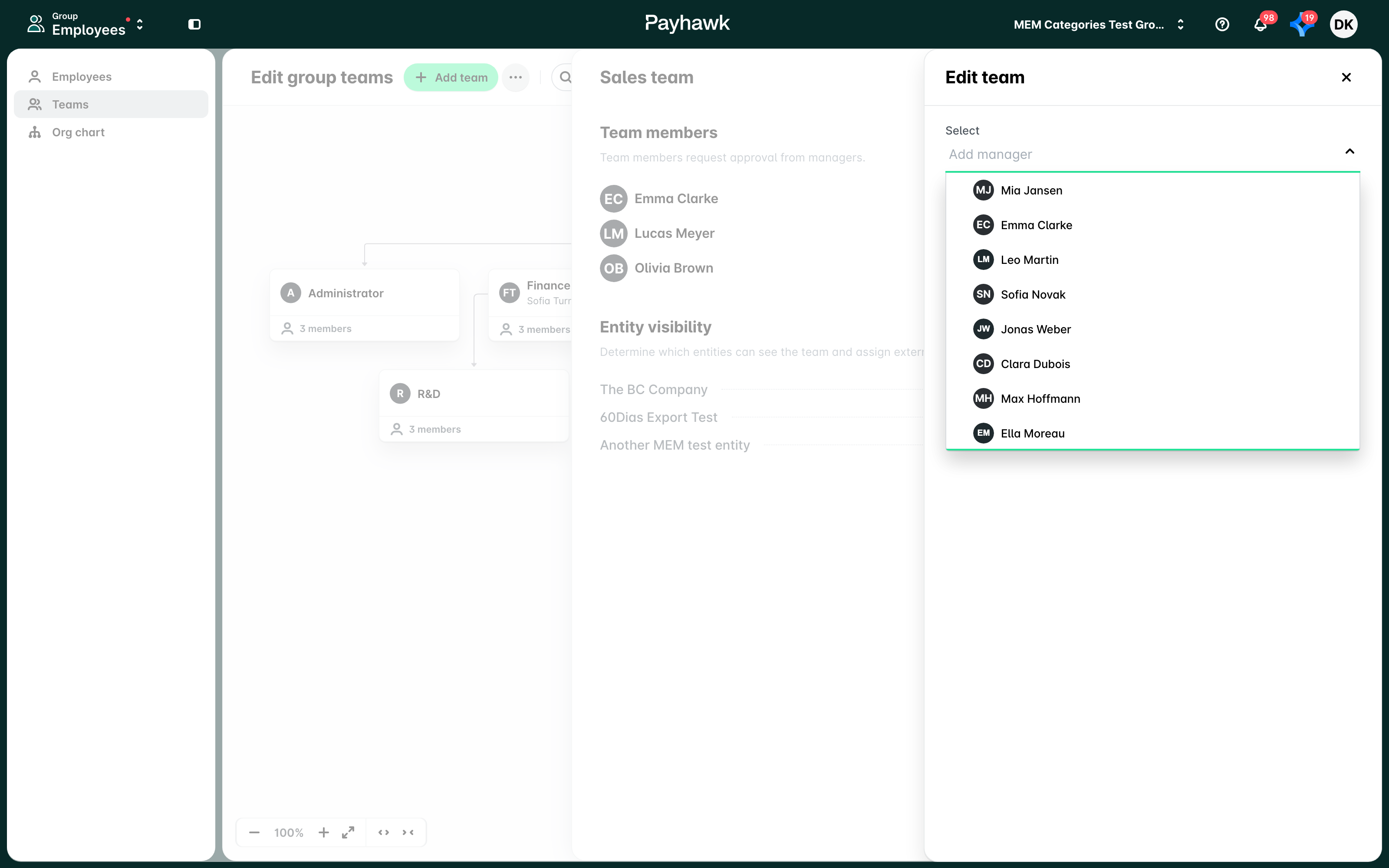 The Edit team panel for managers with the Add manager list open.