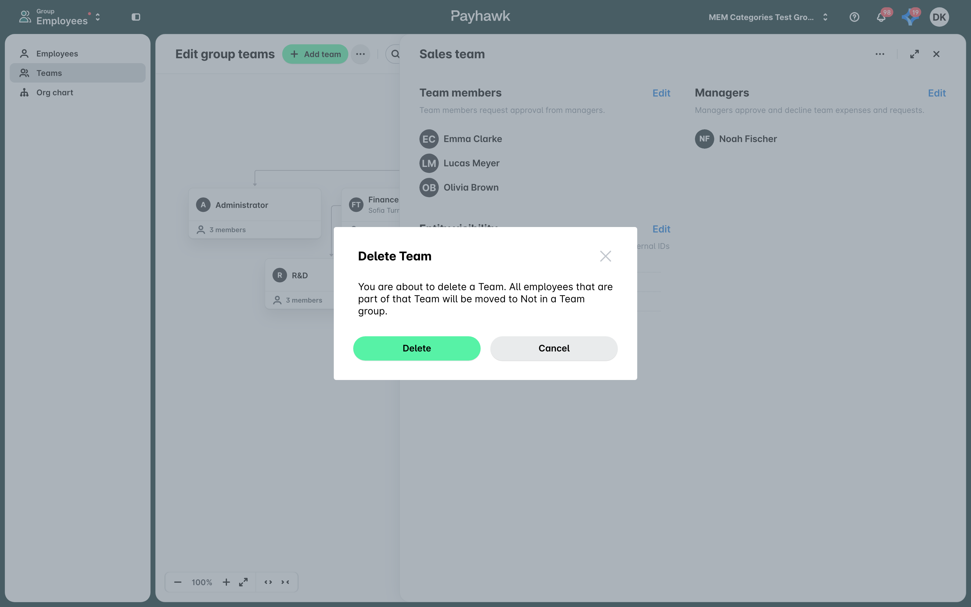 The Delete Team dialog warning that the team members will be moved to Not in a Team.
