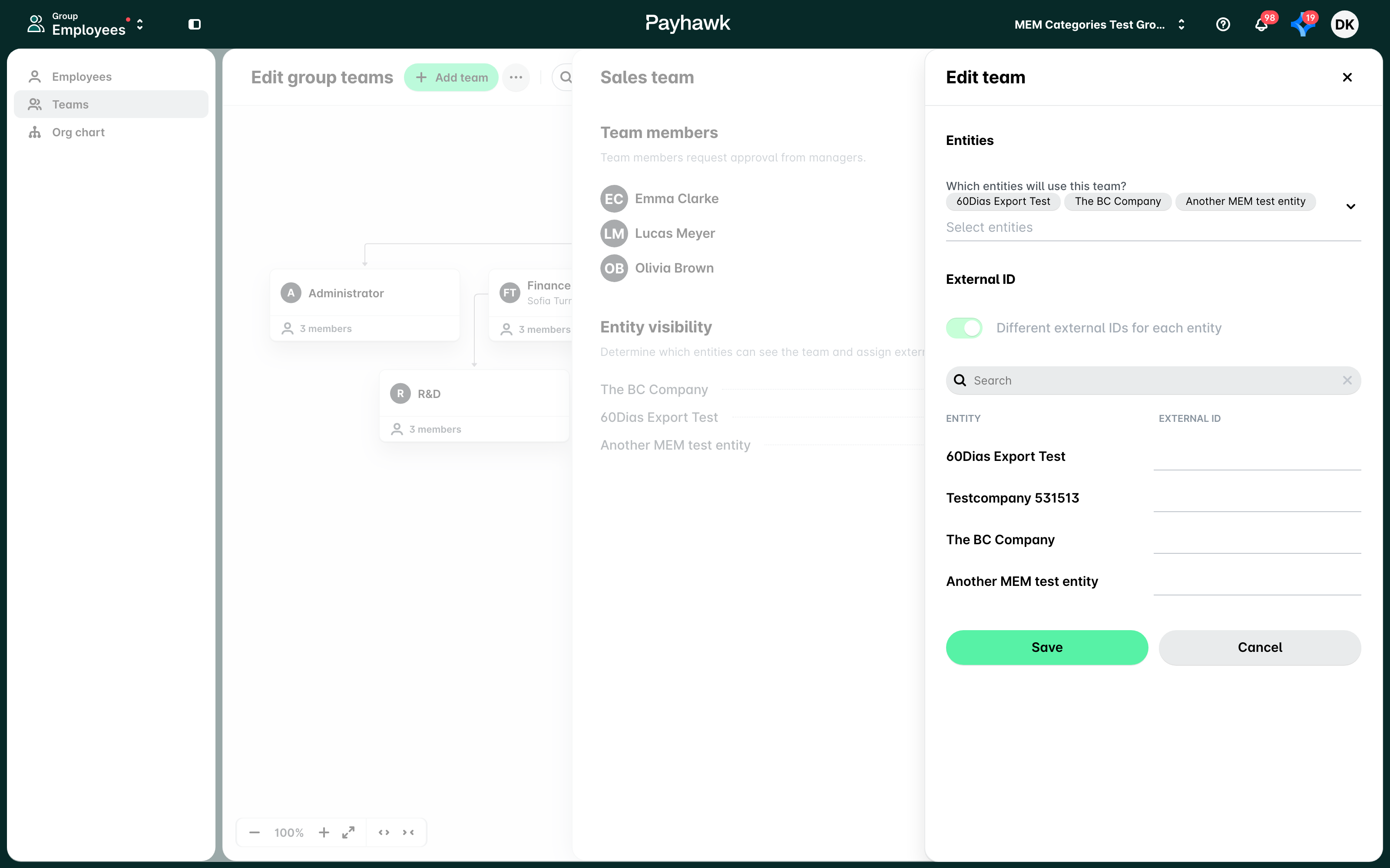 The Edit team panel for entity visibility with the entities, the Different external IDs for each entity toggle and the External ID table.