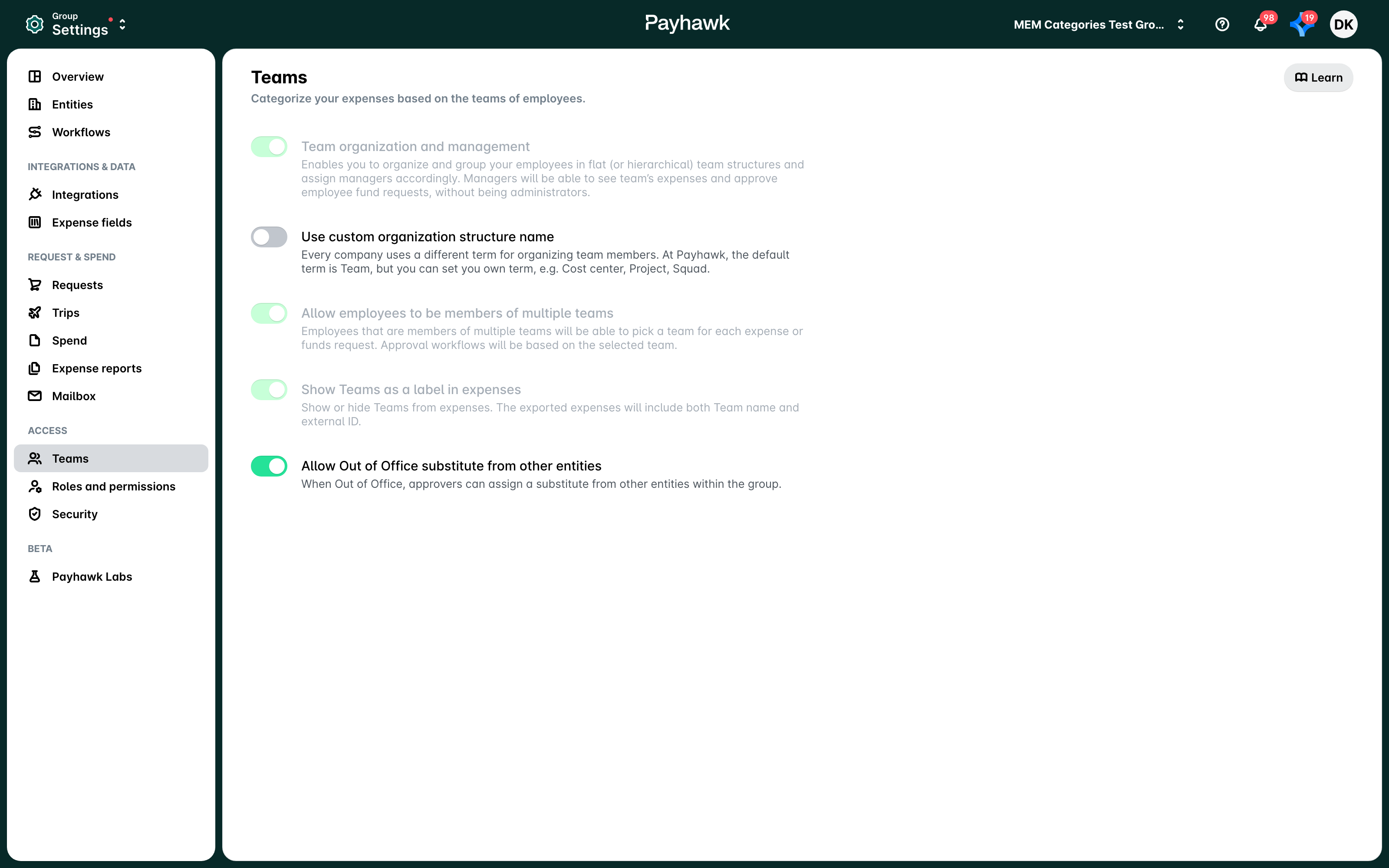 Group Settings > Teams with the Allow Out of Office substitute from other entities toggle switched on.