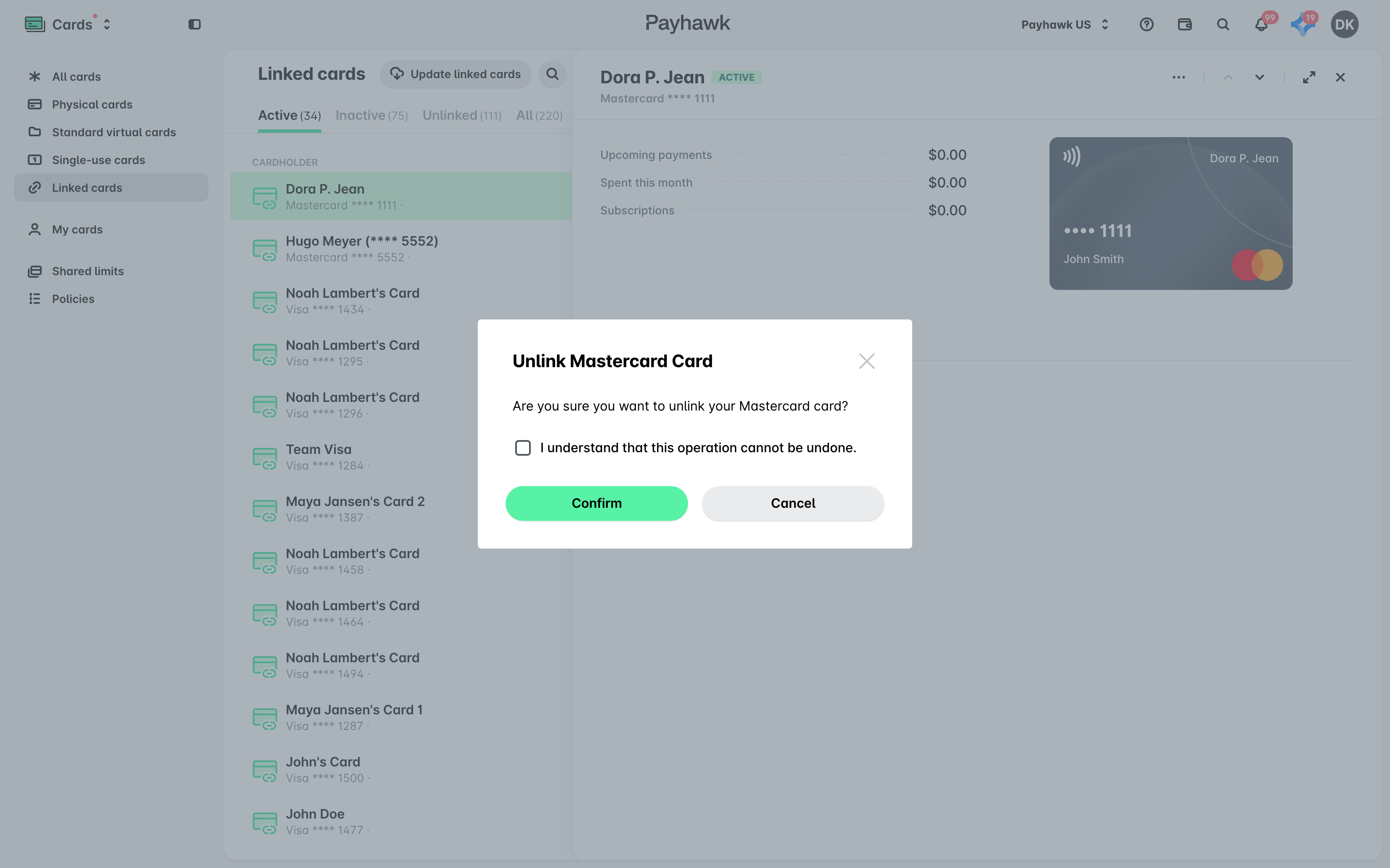 The Unlink Mastercard Card confirmation dialog.