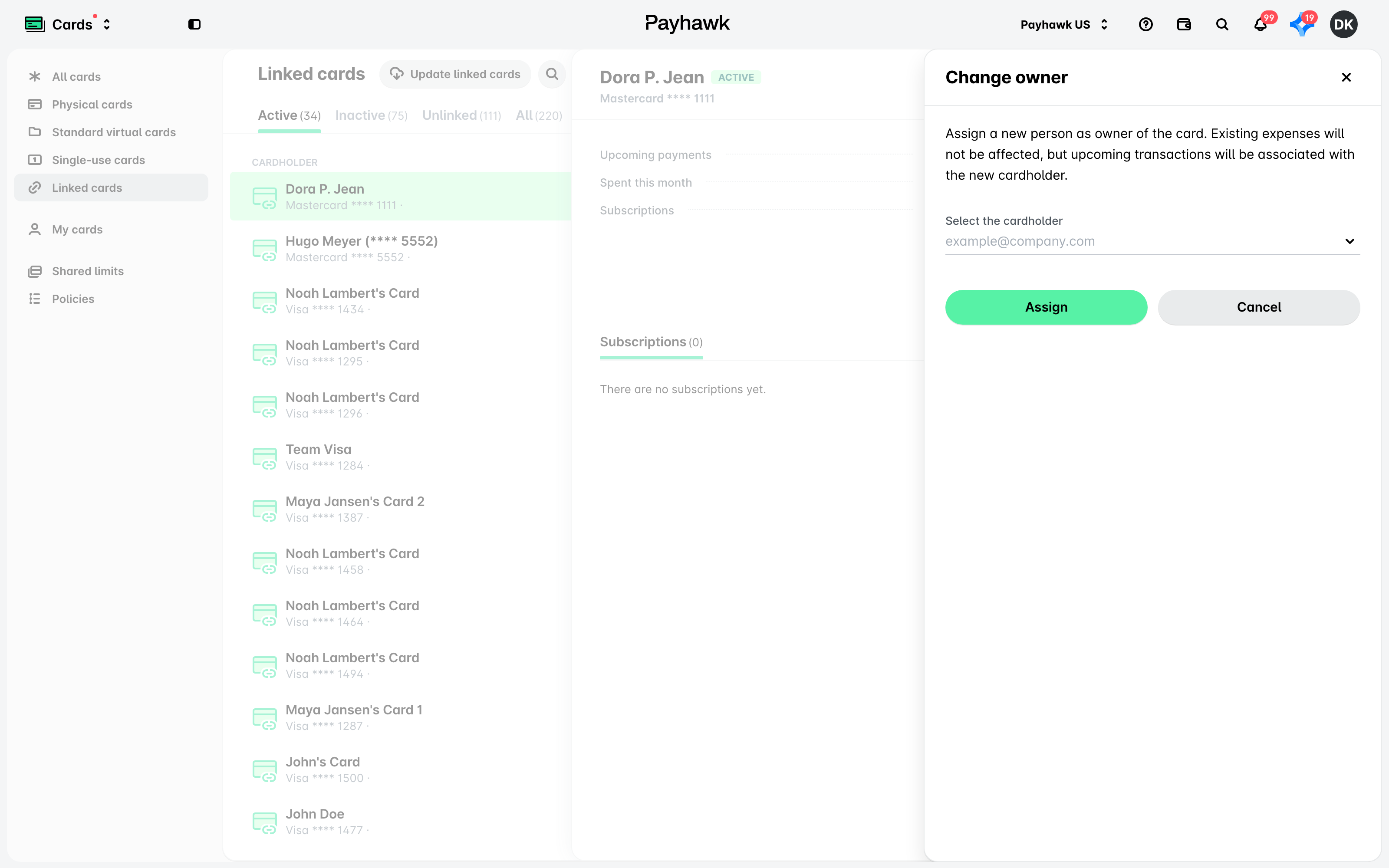 The Change owner panel for a linked Mastercard card.
