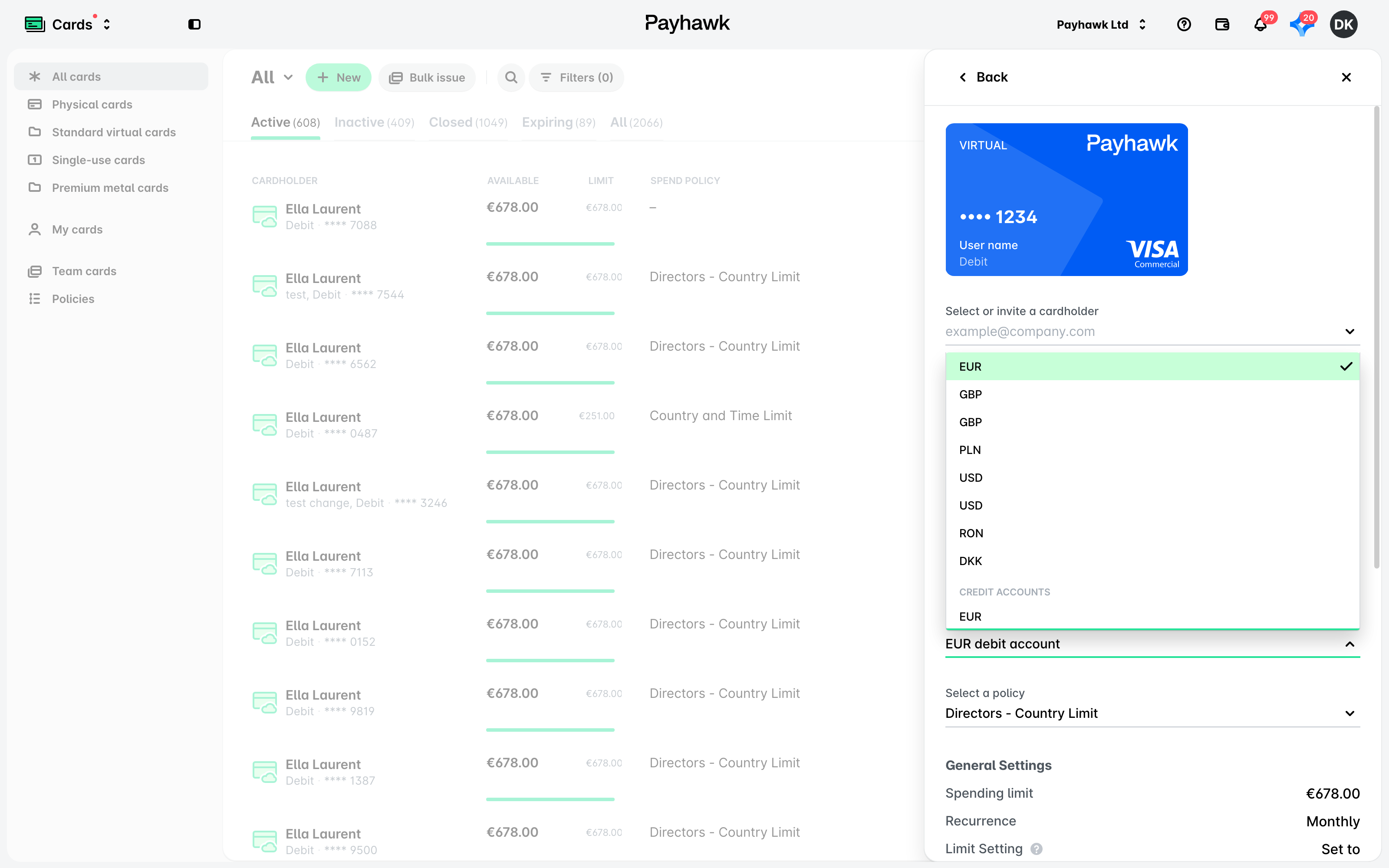The new virtual card panel in Cards with the Funding source drop-down open, listing debit and credit accounts.