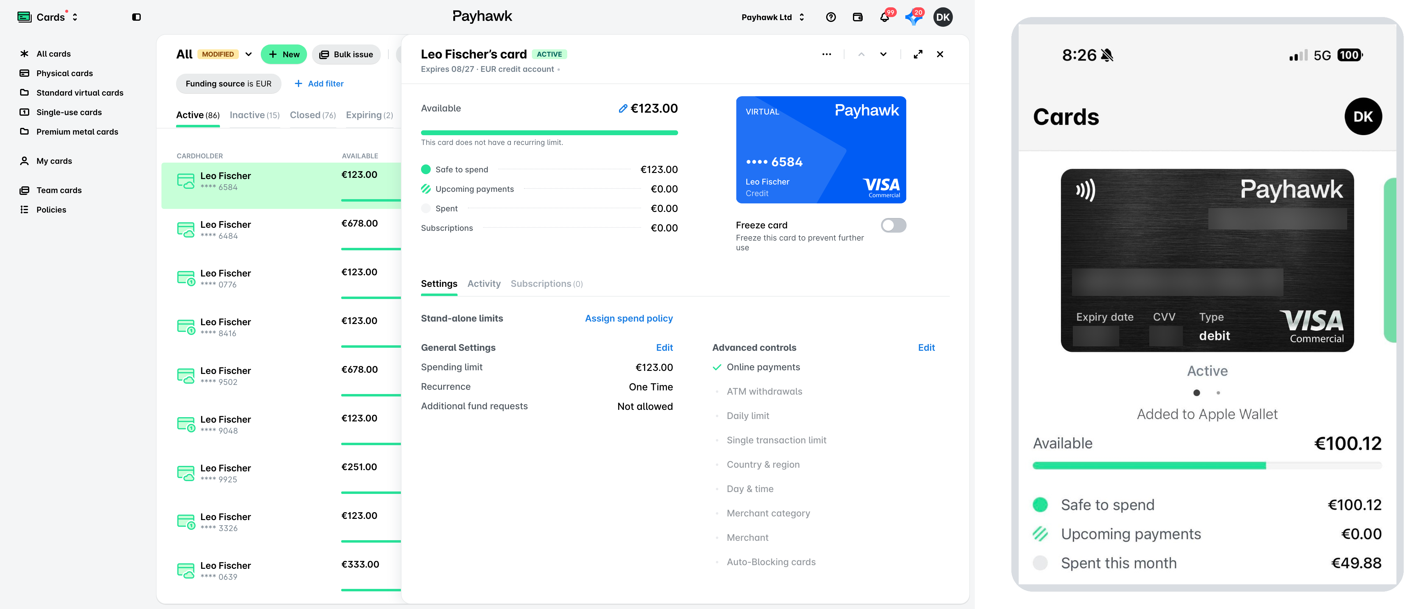 A credit card open in Cards with EUR credit account under its name and Credit on the card, next to a card in the Mobile App with its type shown as debit.
